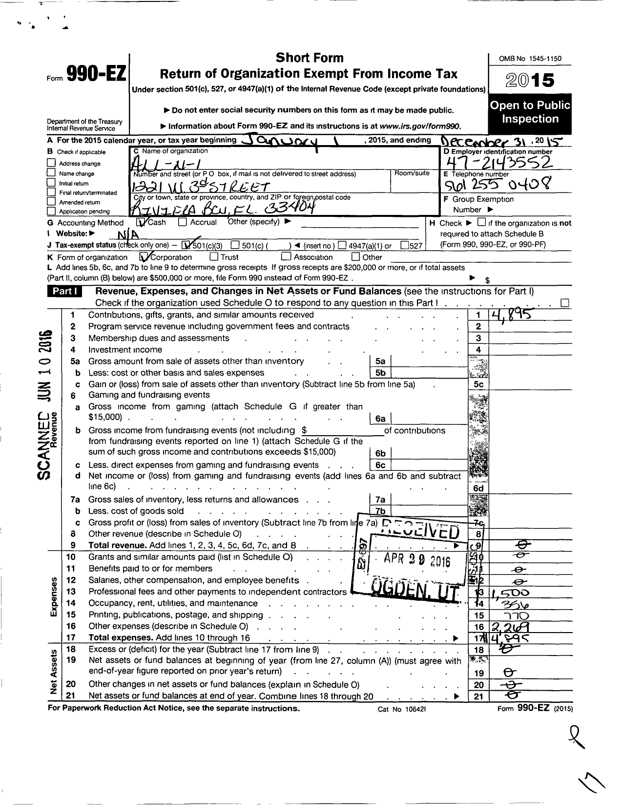 Image of first page of 2015 Form 990EZ for All-N-1