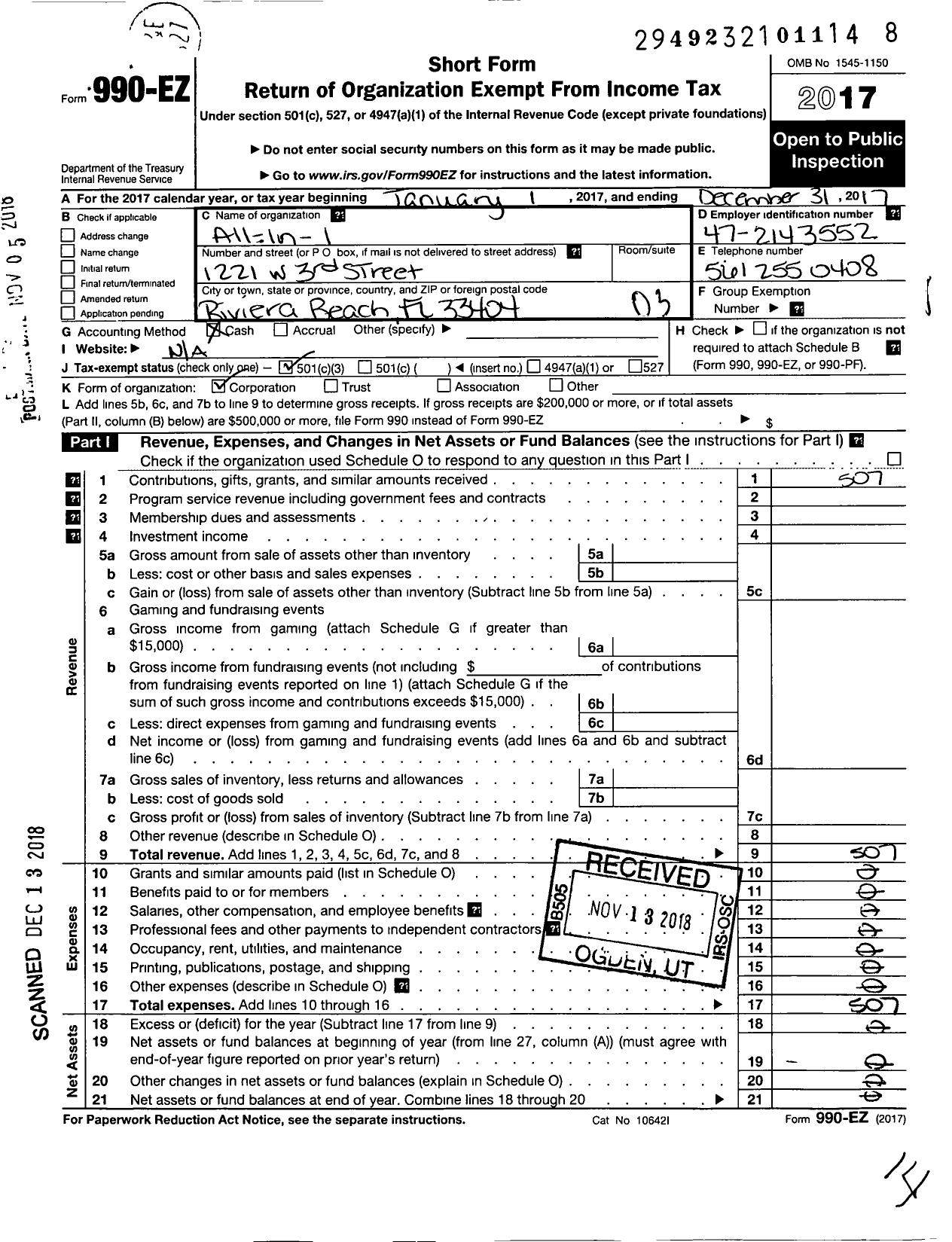 Image of first page of 2017 Form 990EZ for All-N-1