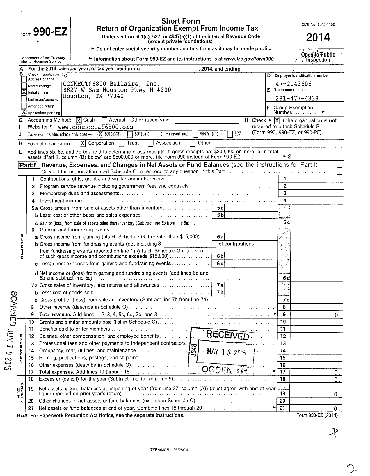 Image of first page of 2014 Form 990EZ for 6800 Bellaire Project