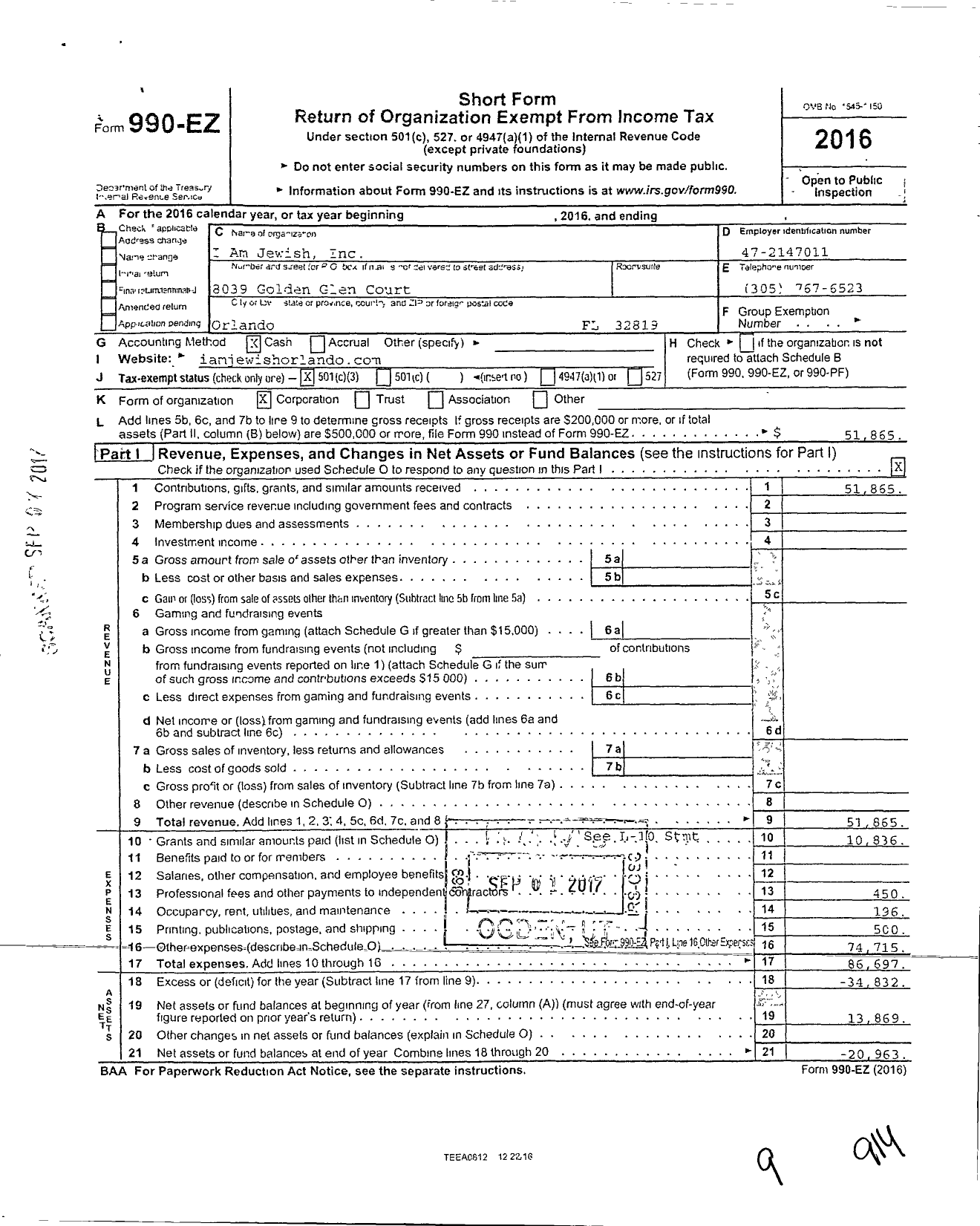 Image of first page of 2016 Form 990EZ for I Am Jewish