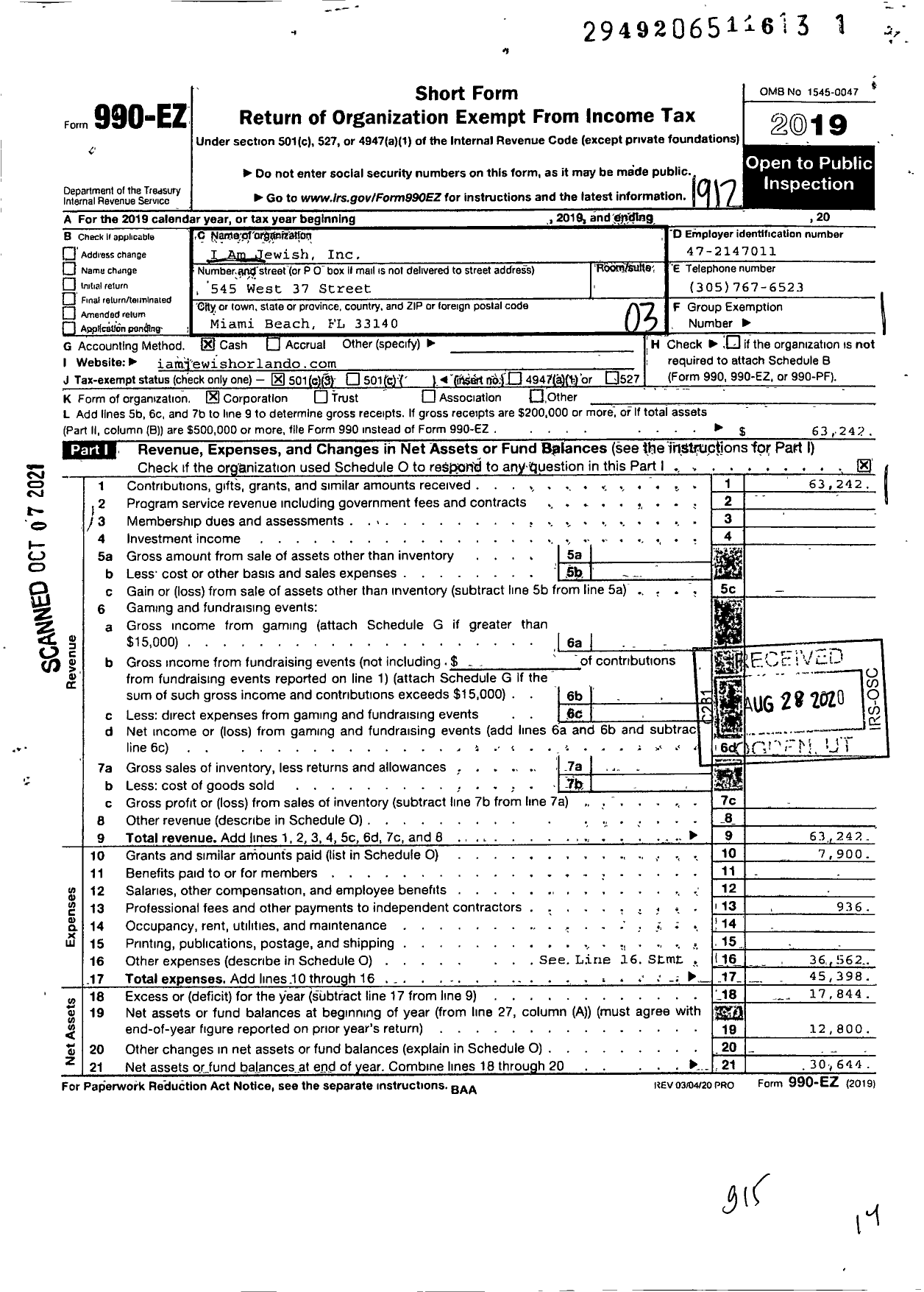 Image of first page of 2019 Form 990EZ for I Am Jewish