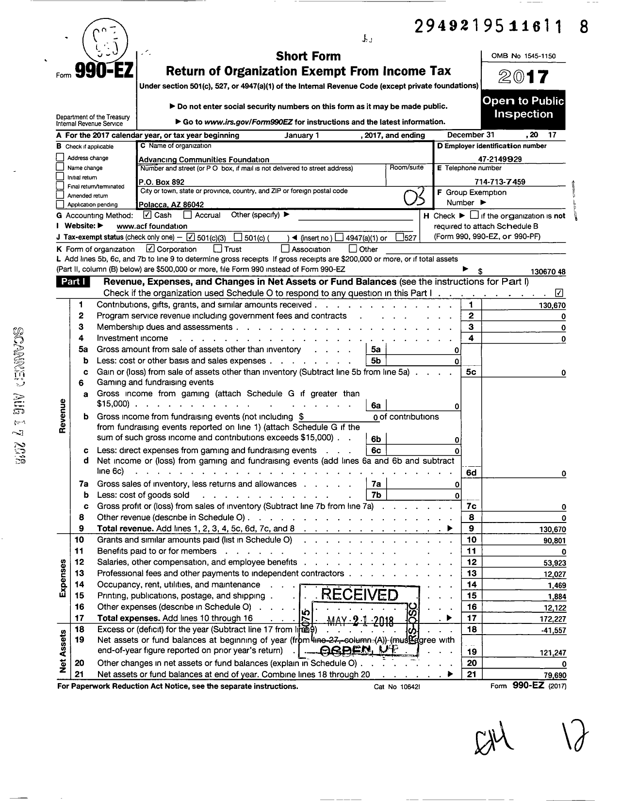 Image of first page of 2017 Form 990EZ for Advancing Communities Foundation