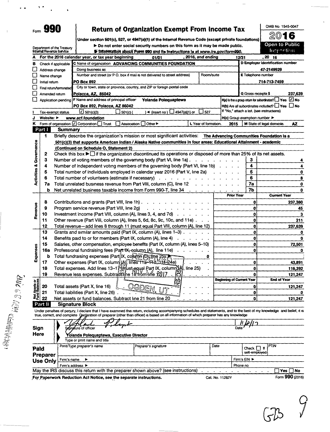 Image of first page of 2016 Form 990 for Advancing Communities Foundation