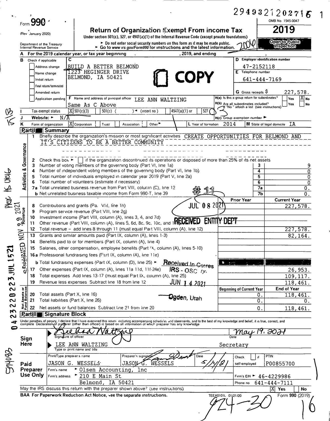 Image of first page of 2019 Form 990 for Build A Better Belmond