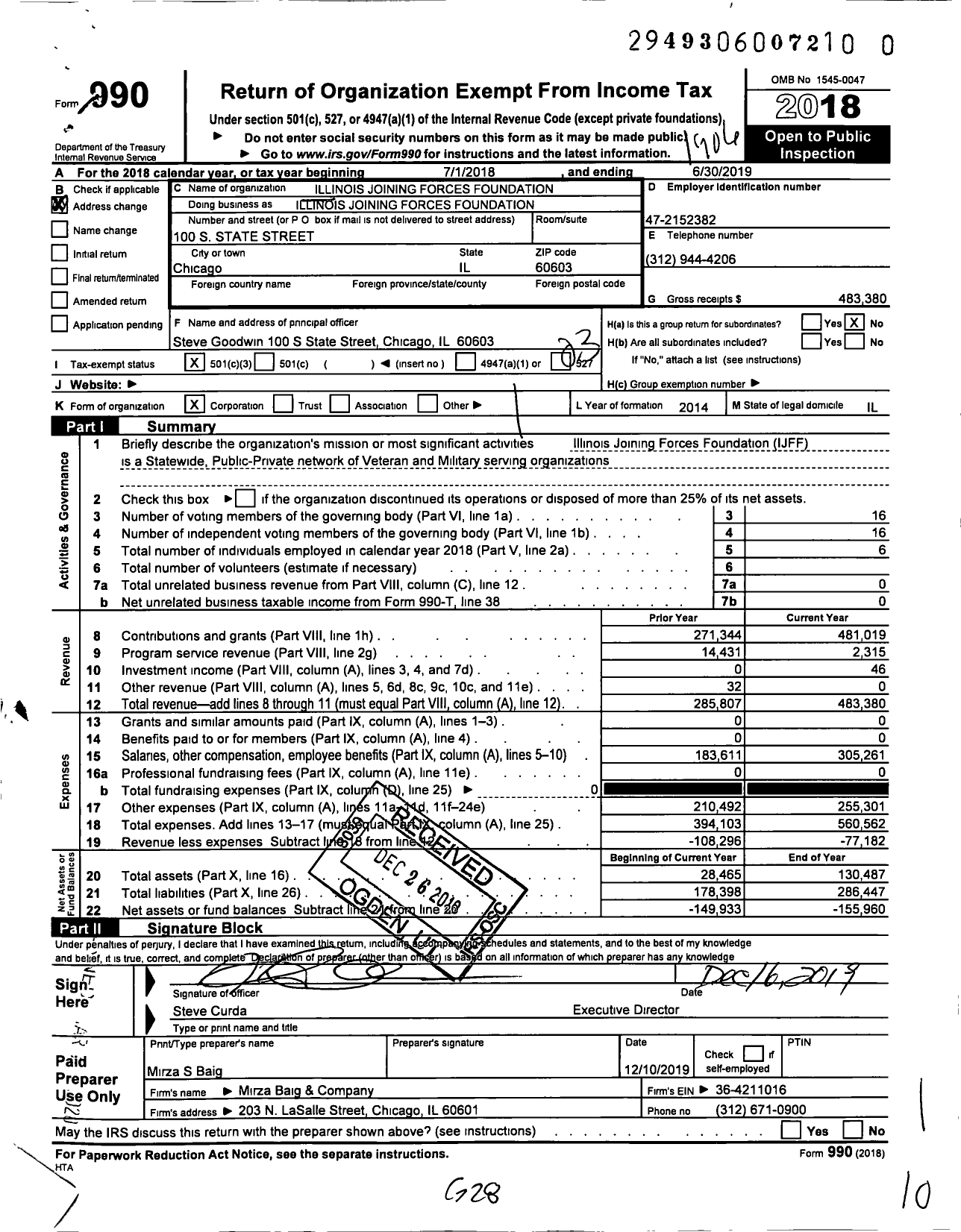 Image of first page of 2018 Form 990 for Illinois Joining Forces Foundation