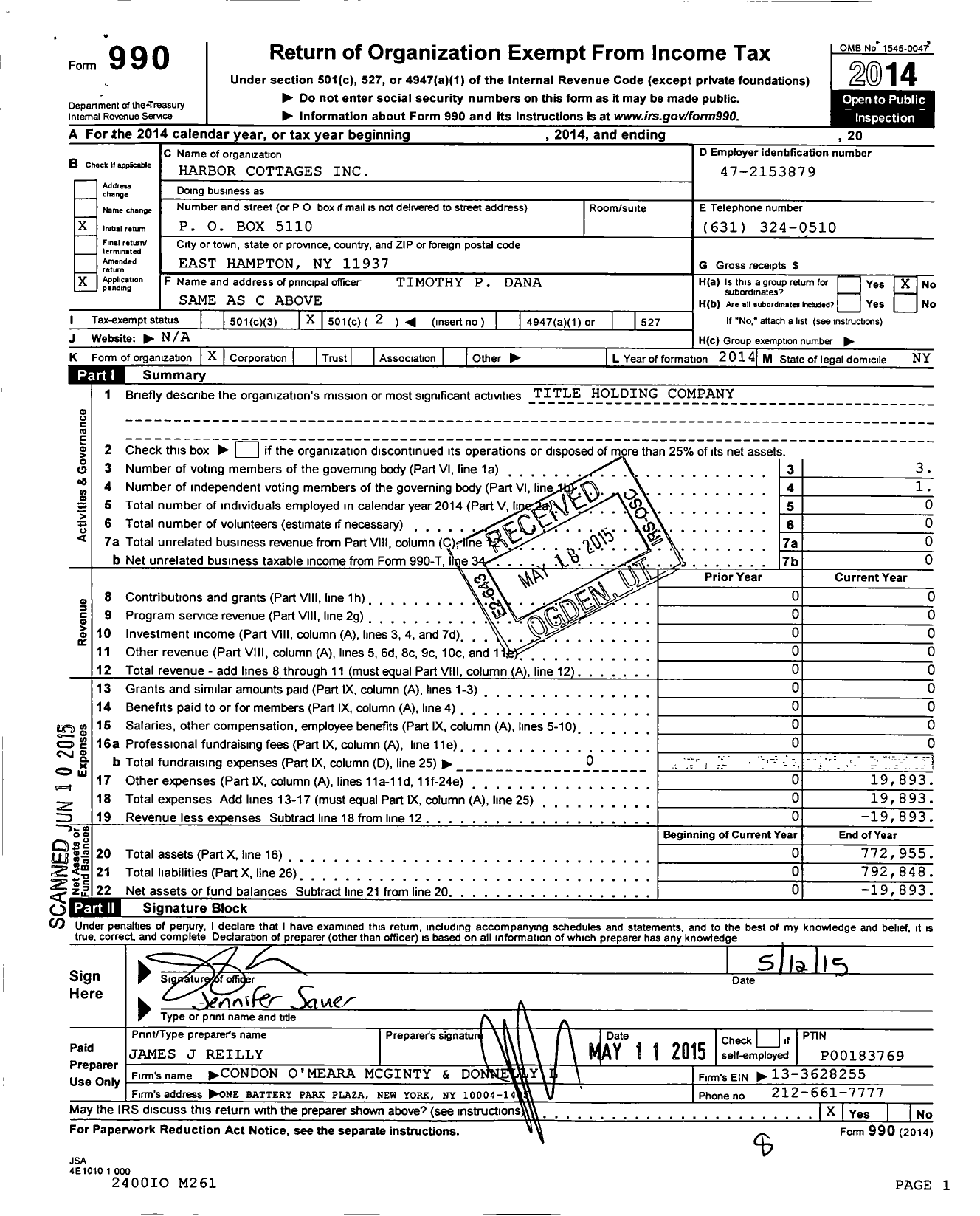 Image of first page of 2014 Form 990O for Harbor Cottages