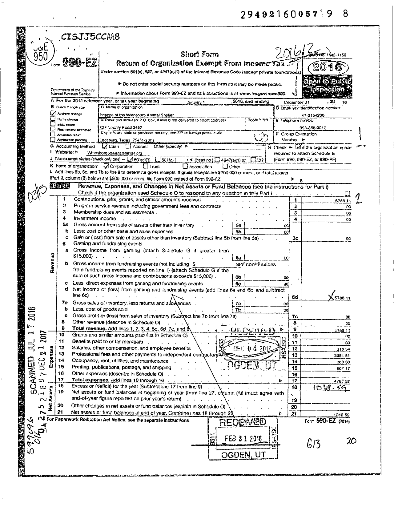 Image of first page of 2016 Form 990EZ for Friends of the Winnsboro Animal Shelter