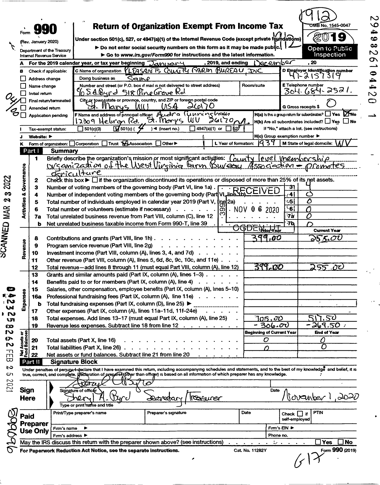 Image of first page of 2019 Form 990O for Pleasants County Farm Bureau