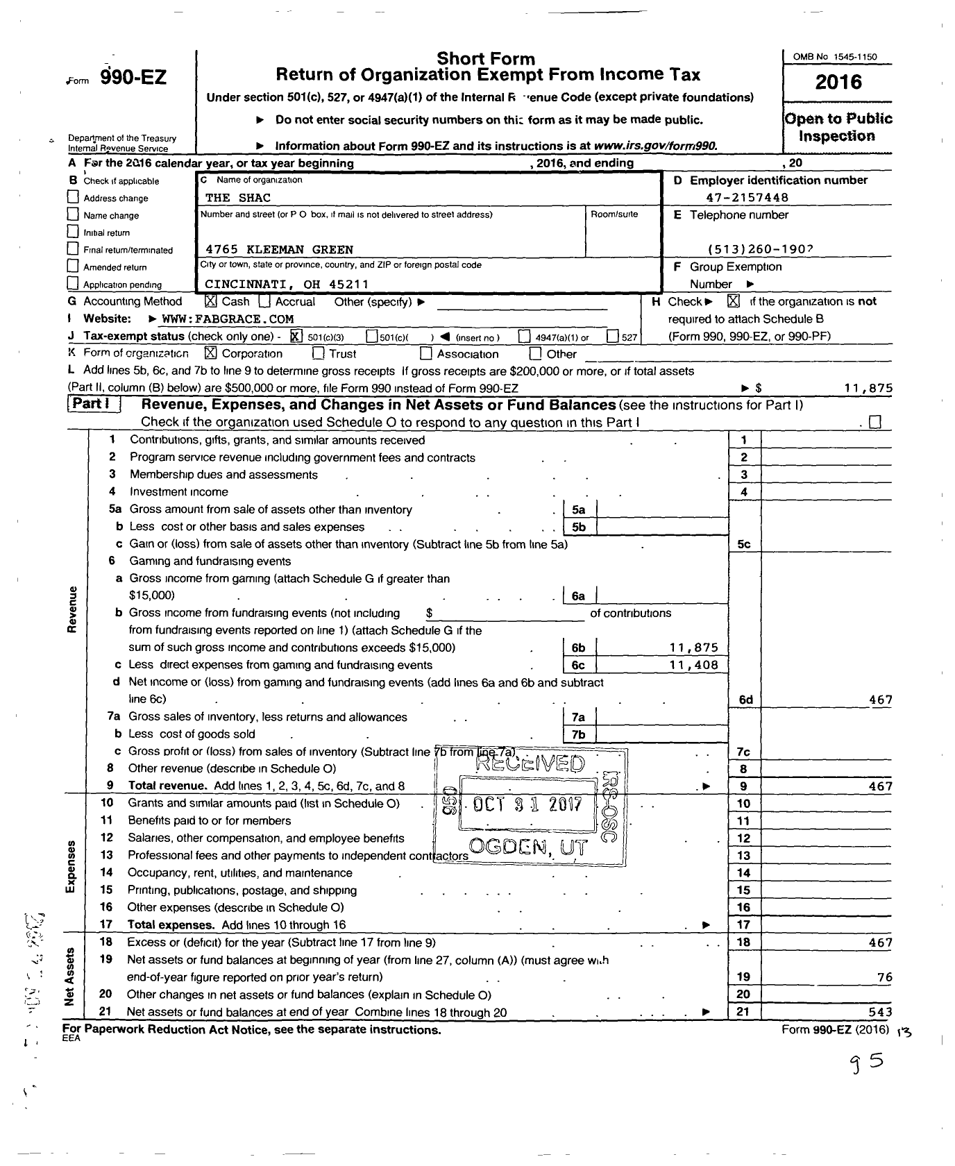 Image of first page of 2016 Form 990EZ for The Shac