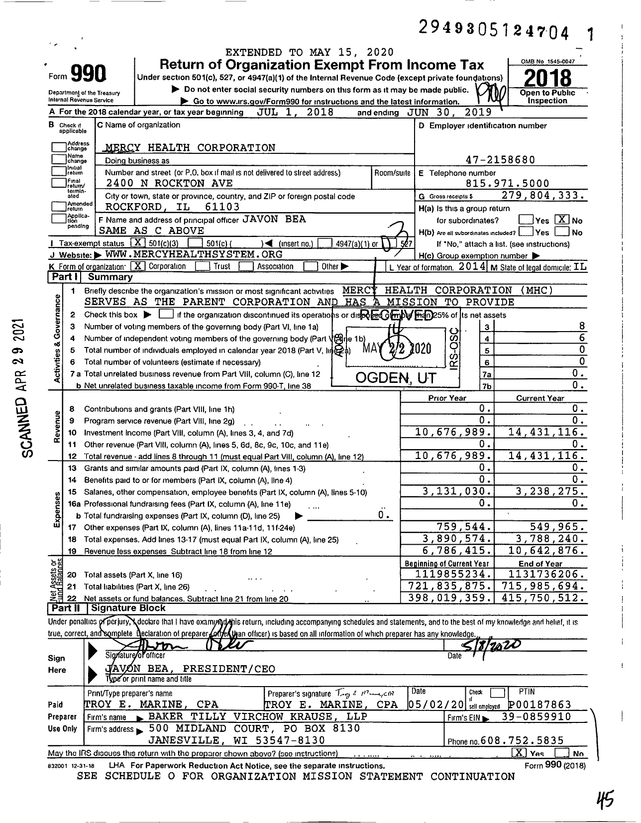 Image of first page of 2018 Form 990 for Mercy Health Corporation