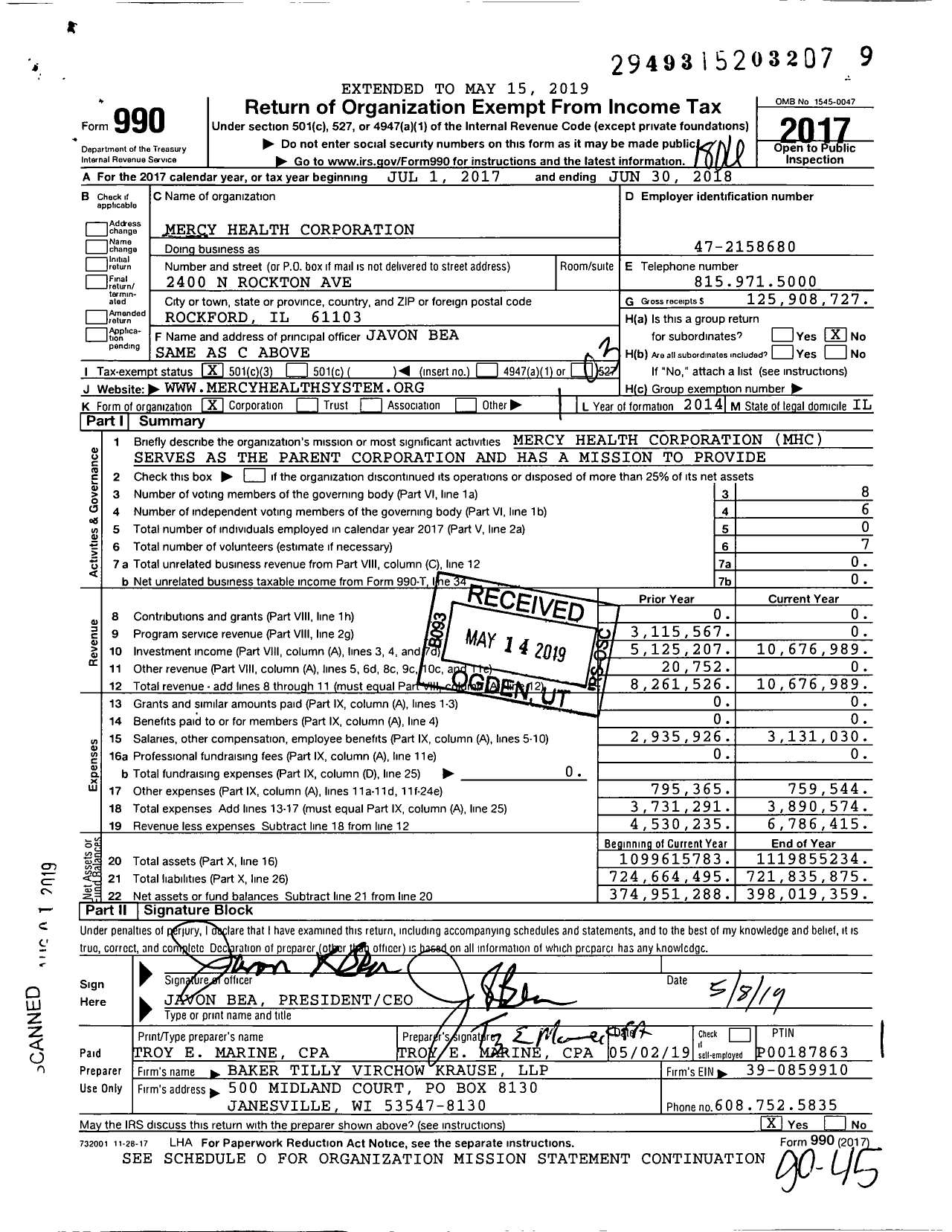 Image of first page of 2017 Form 990 for Mercy Health Corporation