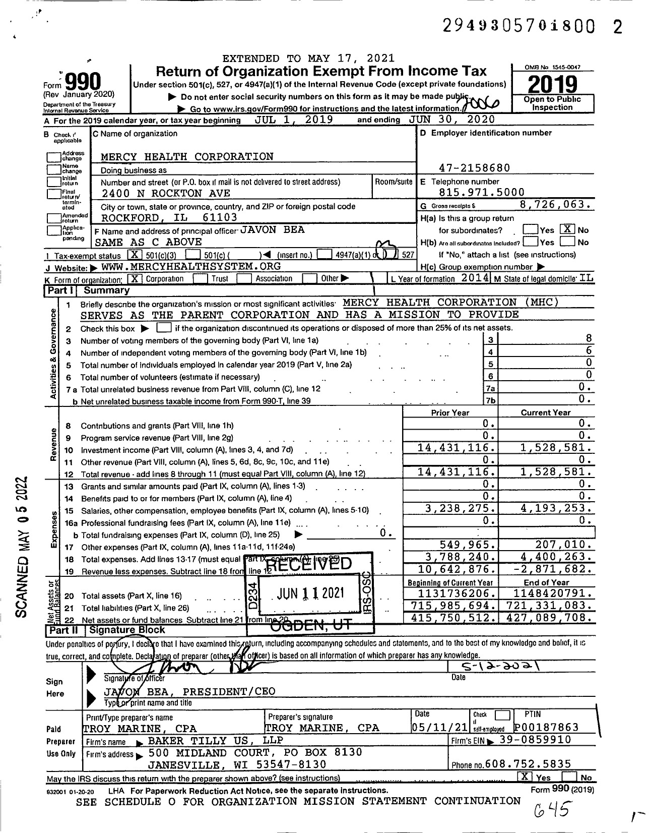 Image of first page of 2019 Form 990 for Mercy Health Corporation