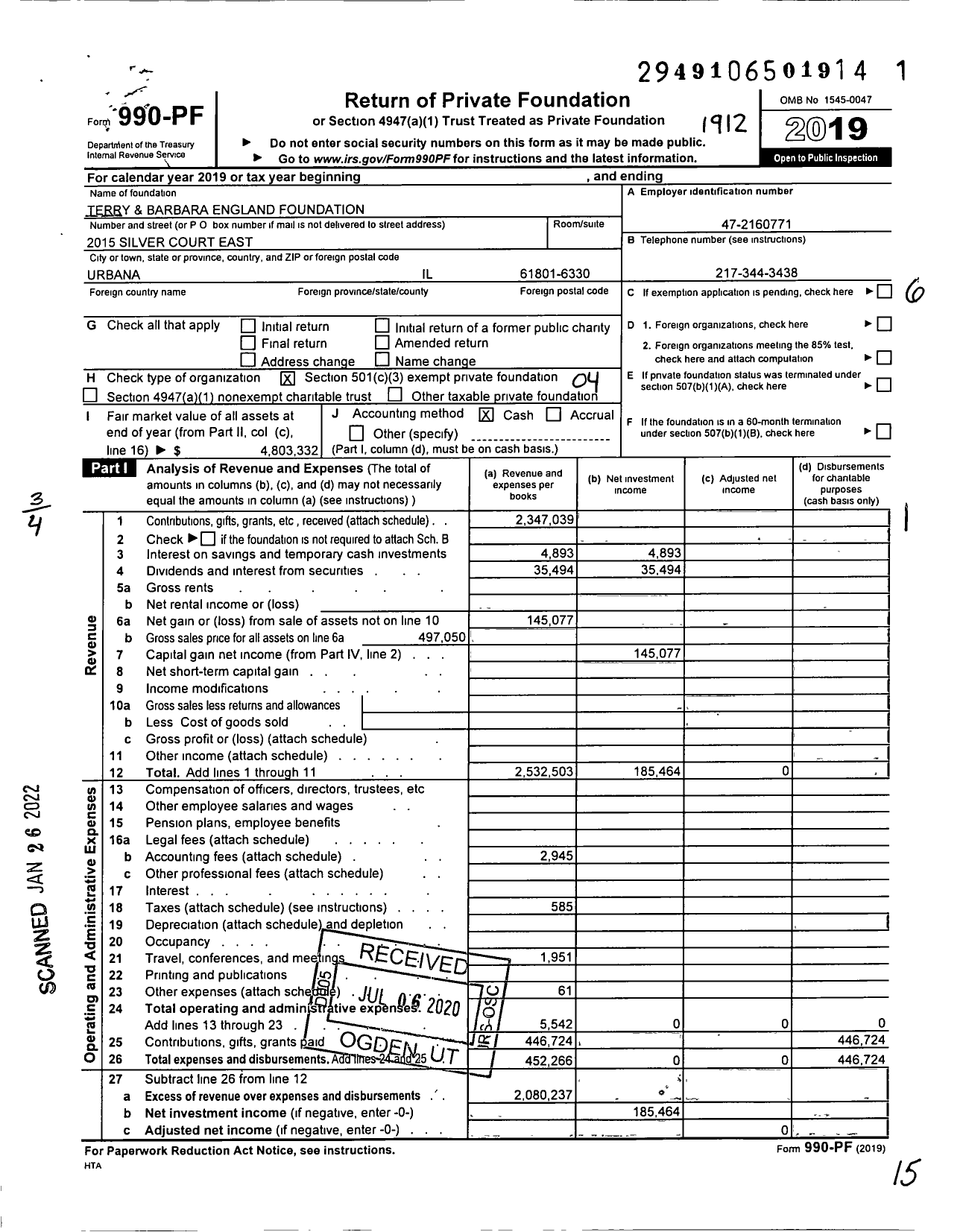 Image of first page of 2019 Form 990PF for Terry and Barbara England Foundation