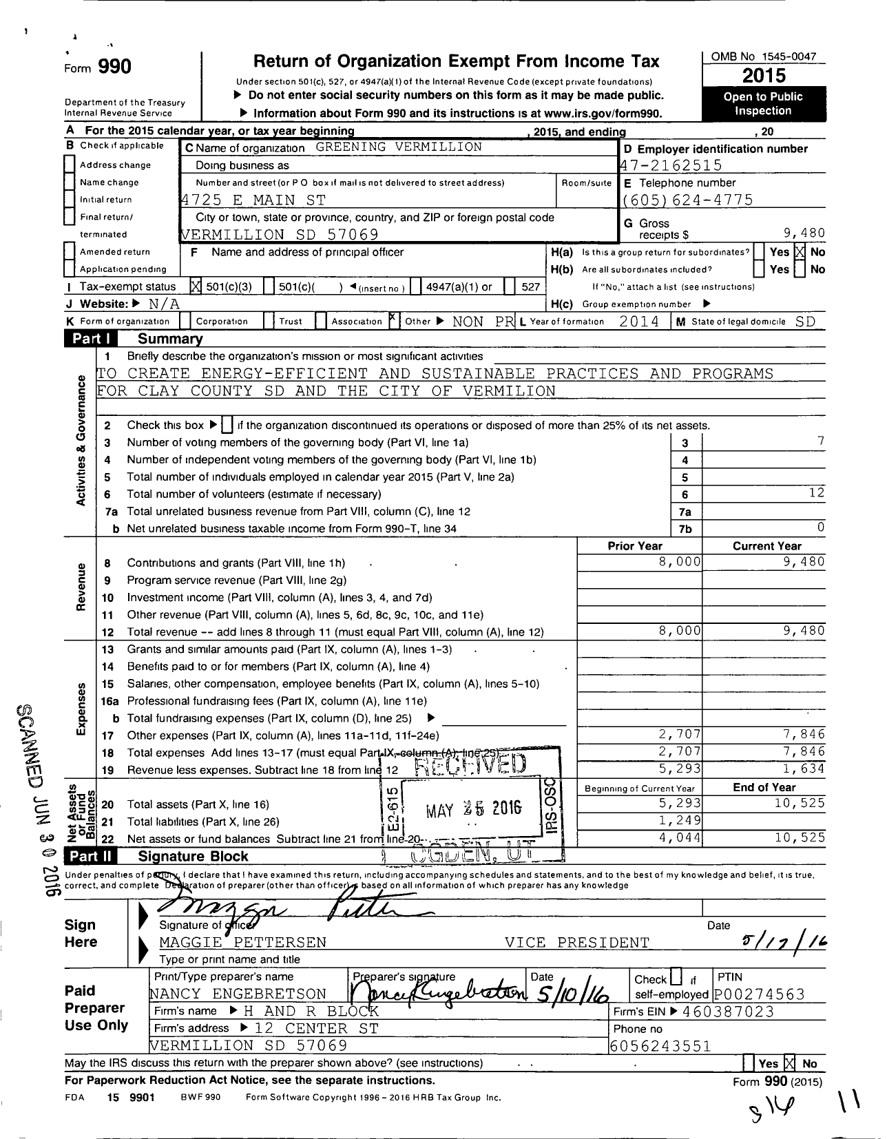 Image of first page of 2015 Form 990 for Greening Vermillion