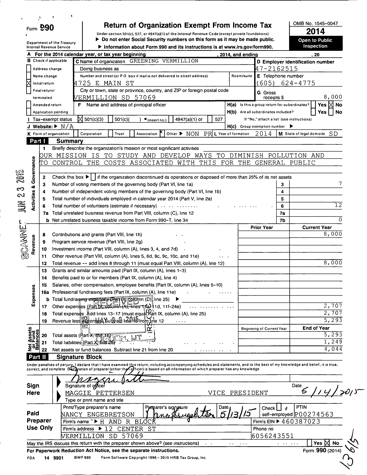 Image of first page of 2014 Form 990 for Greening Vermillion