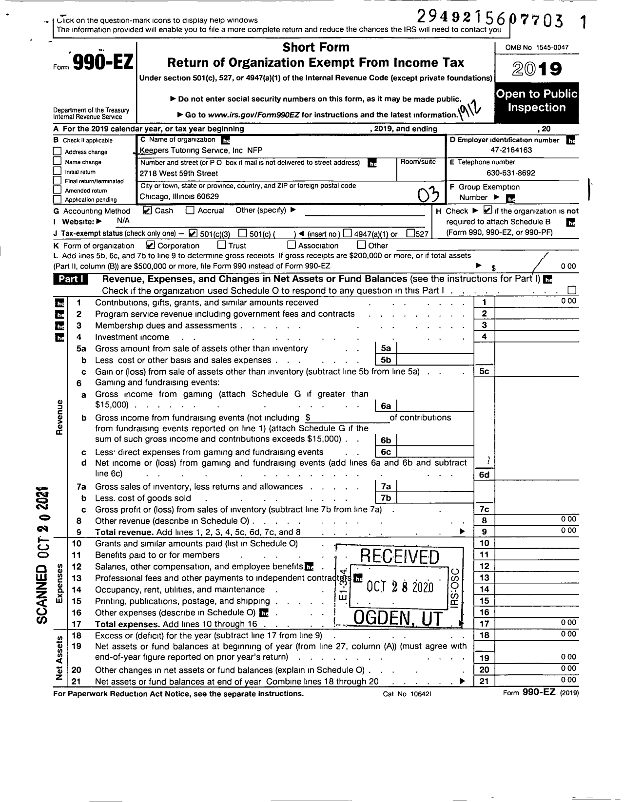 Image of first page of 2019 Form 990EZ for Keepers Tutoring Service Inc NFP