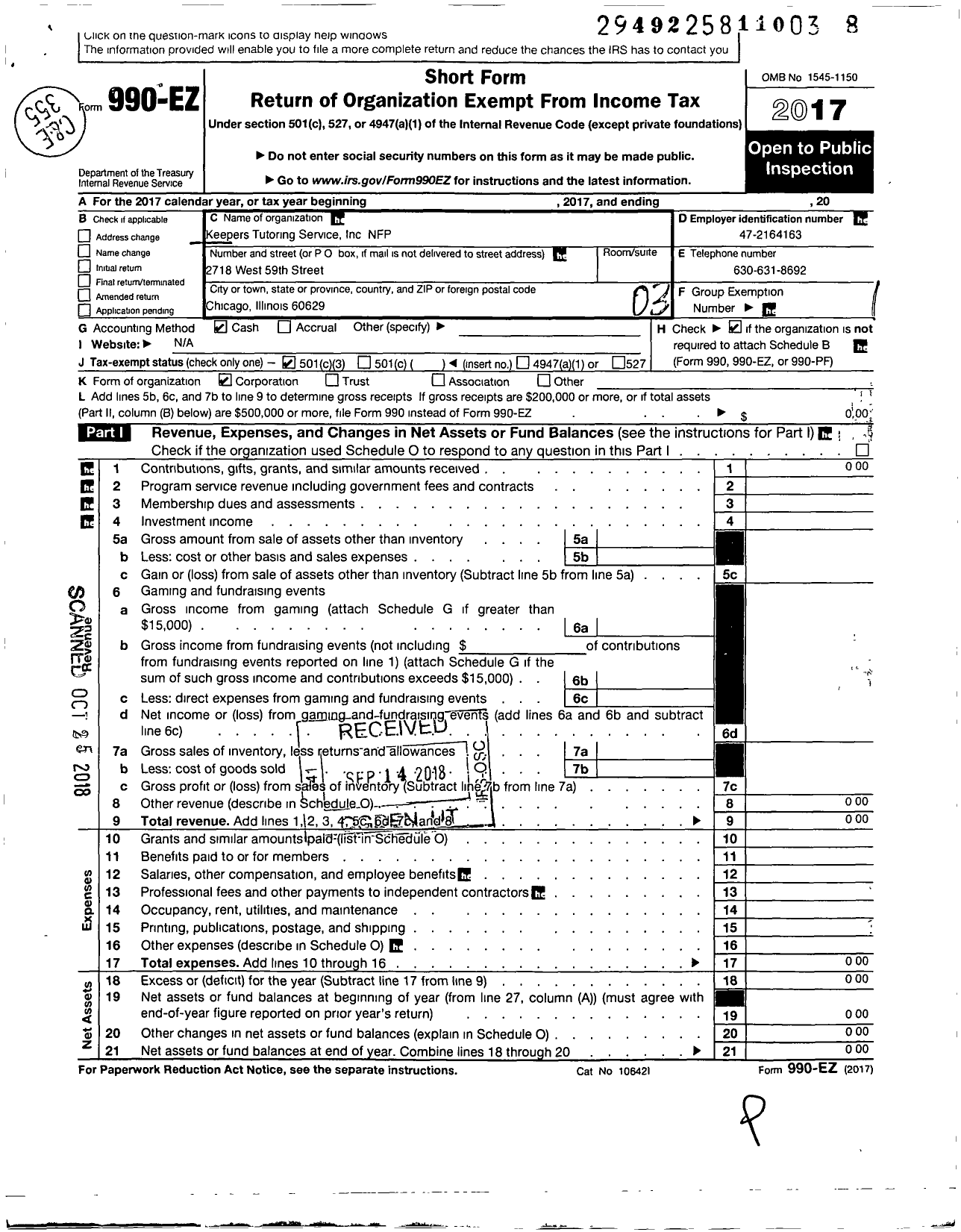 Image of first page of 2017 Form 990EZ for Keepers Tutoring Service Inc NFP