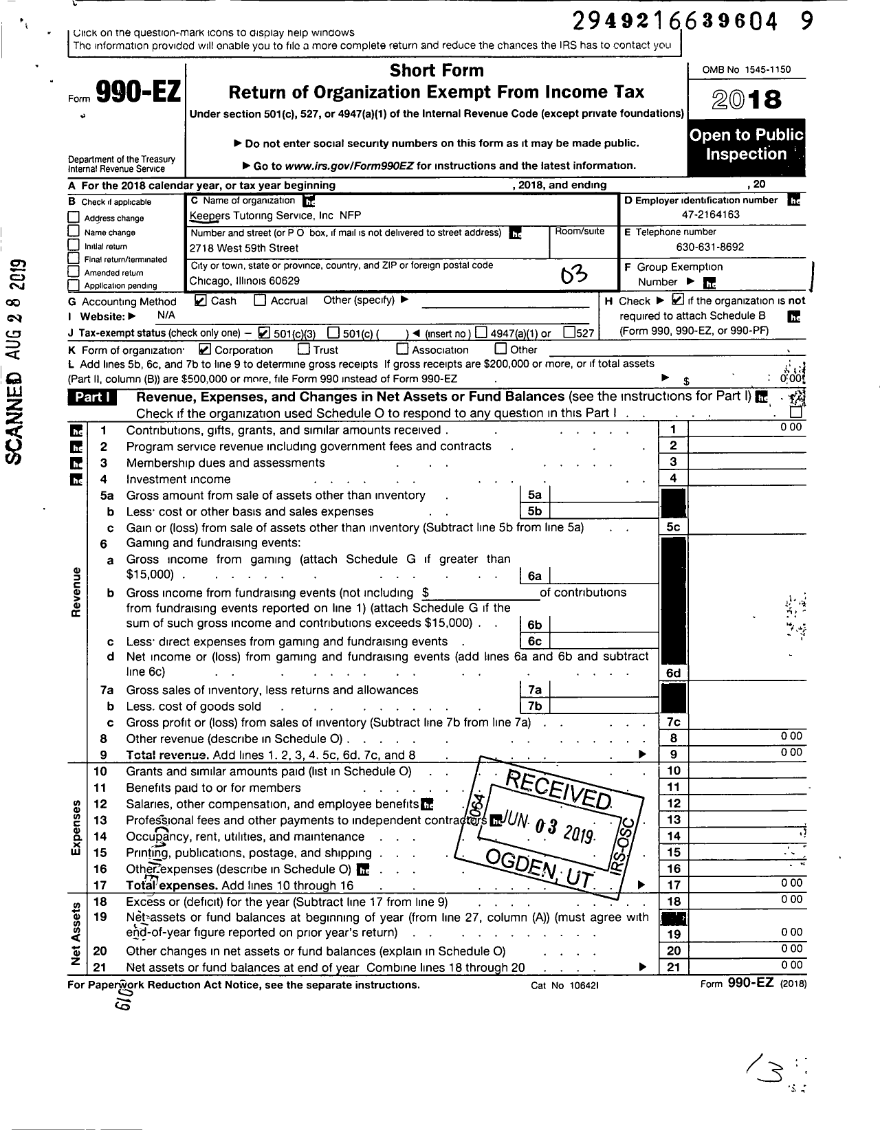 Image of first page of 2018 Form 990EZ for Keepers Tutoring Service Inc NFP