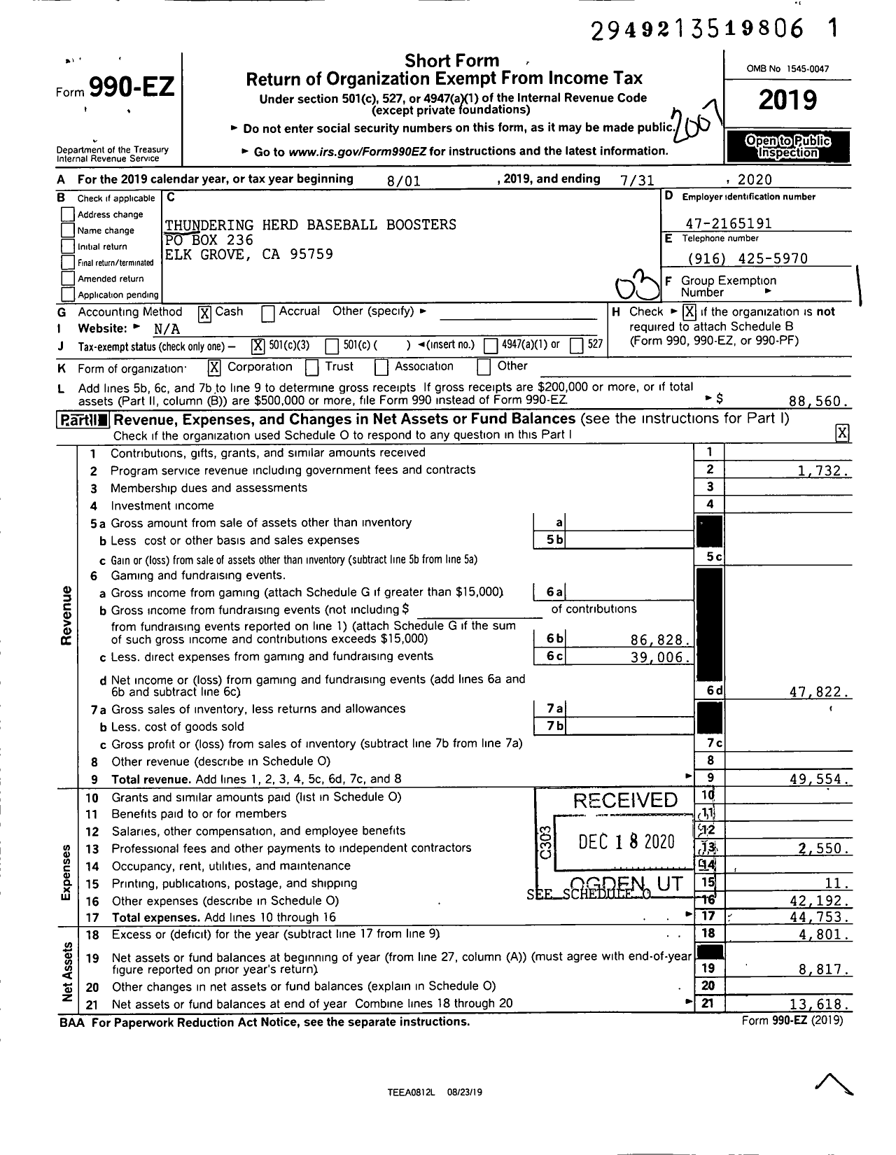 Image of first page of 2019 Form 990EZ for Thundering Herd Baseball Boosters