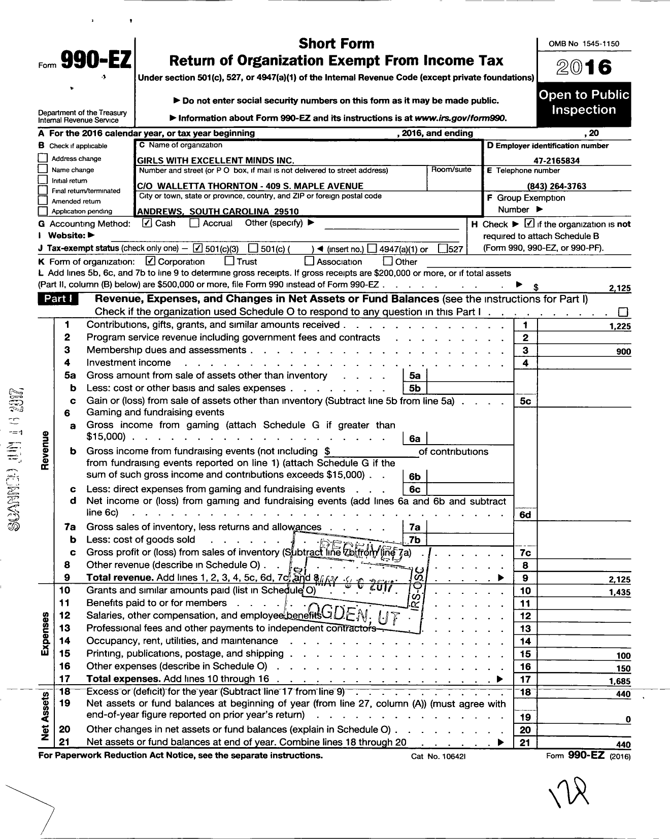 Image of first page of 2016 Form 990EZ for Girls With Excellent Minds (GEM)