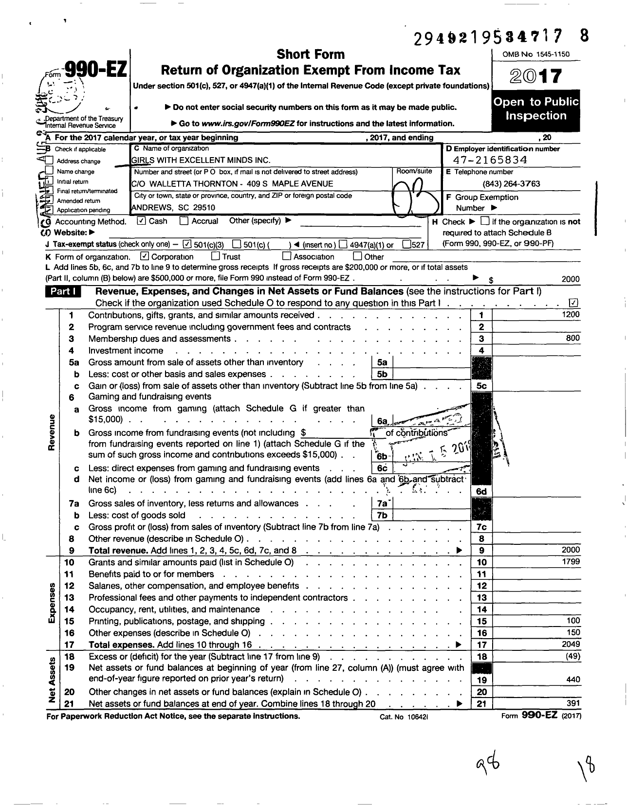 Image of first page of 2017 Form 990EZ for Girls With Excellent Minds (GEM)