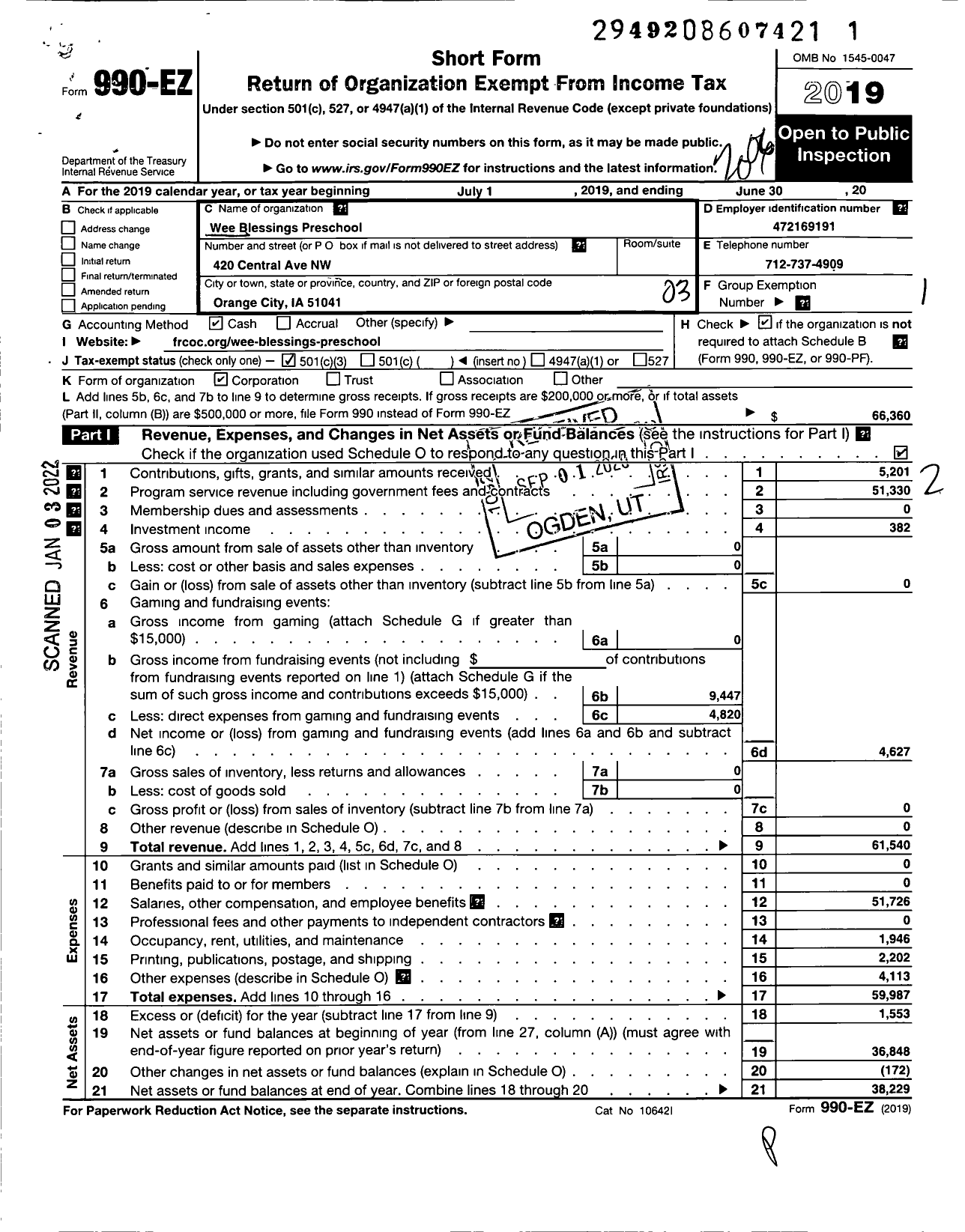 Image of first page of 2019 Form 990EZ for Wee Blessings Preschool