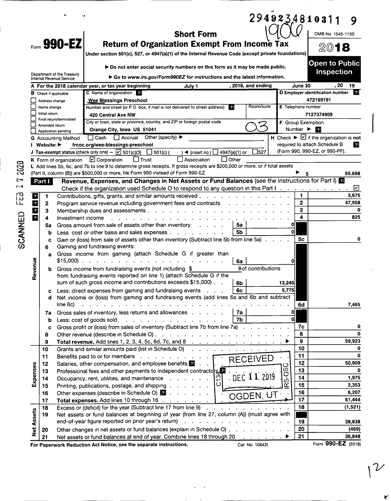 Image of first page of 2018 Form 990EZ for Wee Blessings Preschool