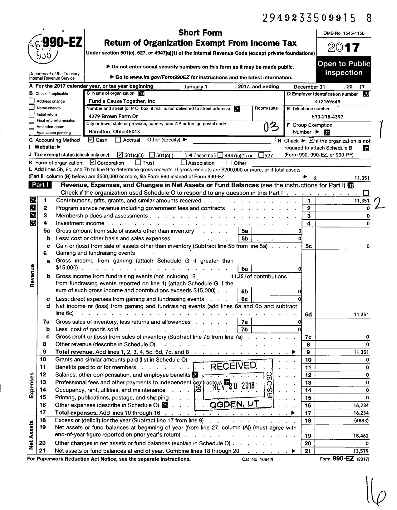 Image of first page of 2017 Form 990EZ for Fund A Cause Together