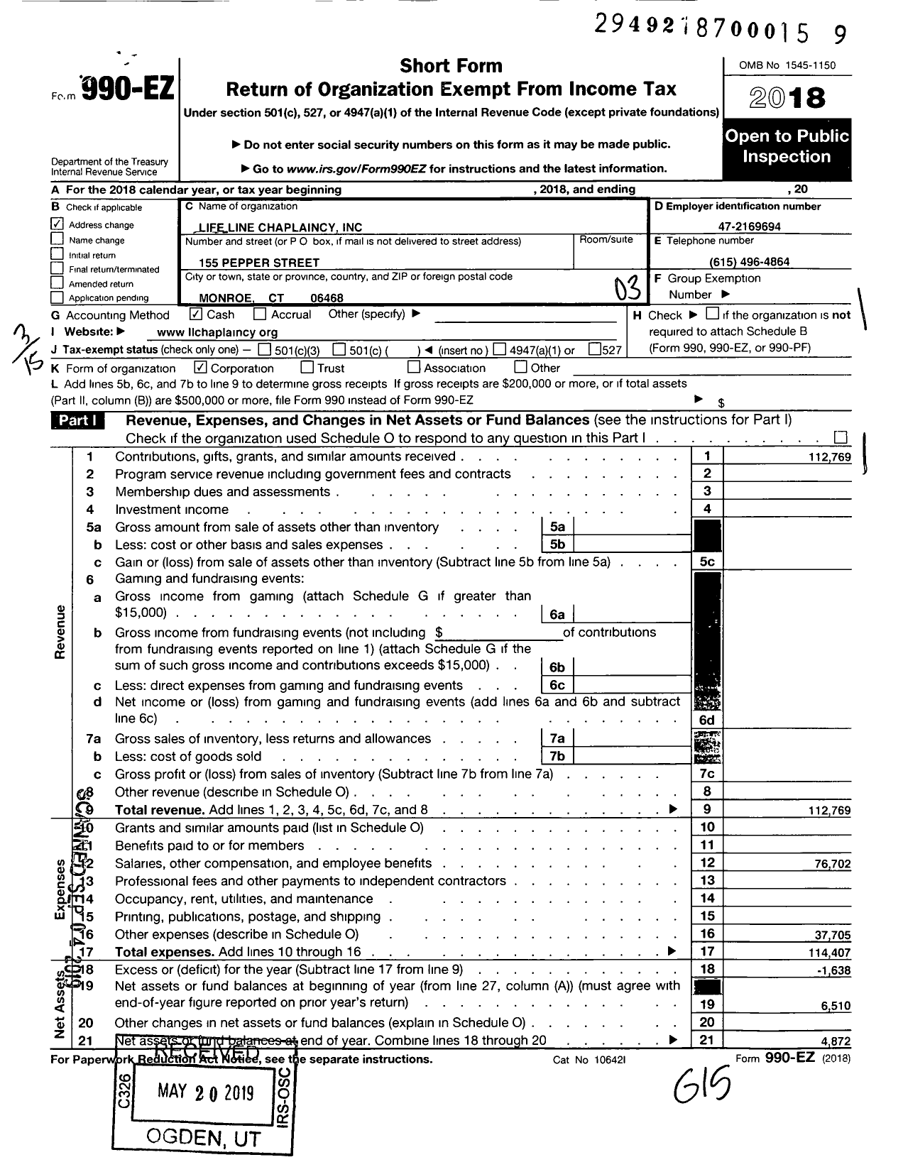 Image of first page of 2018 Form 990EZ for Life Line Chaplaincy