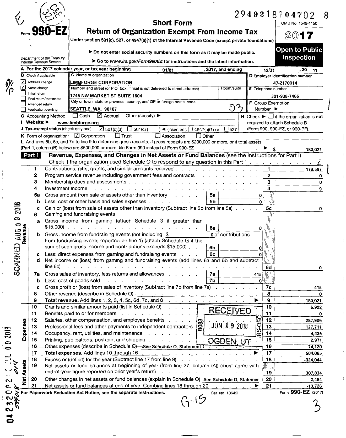 Image of first page of 2017 Form 990EZ for Limbforge Corporation