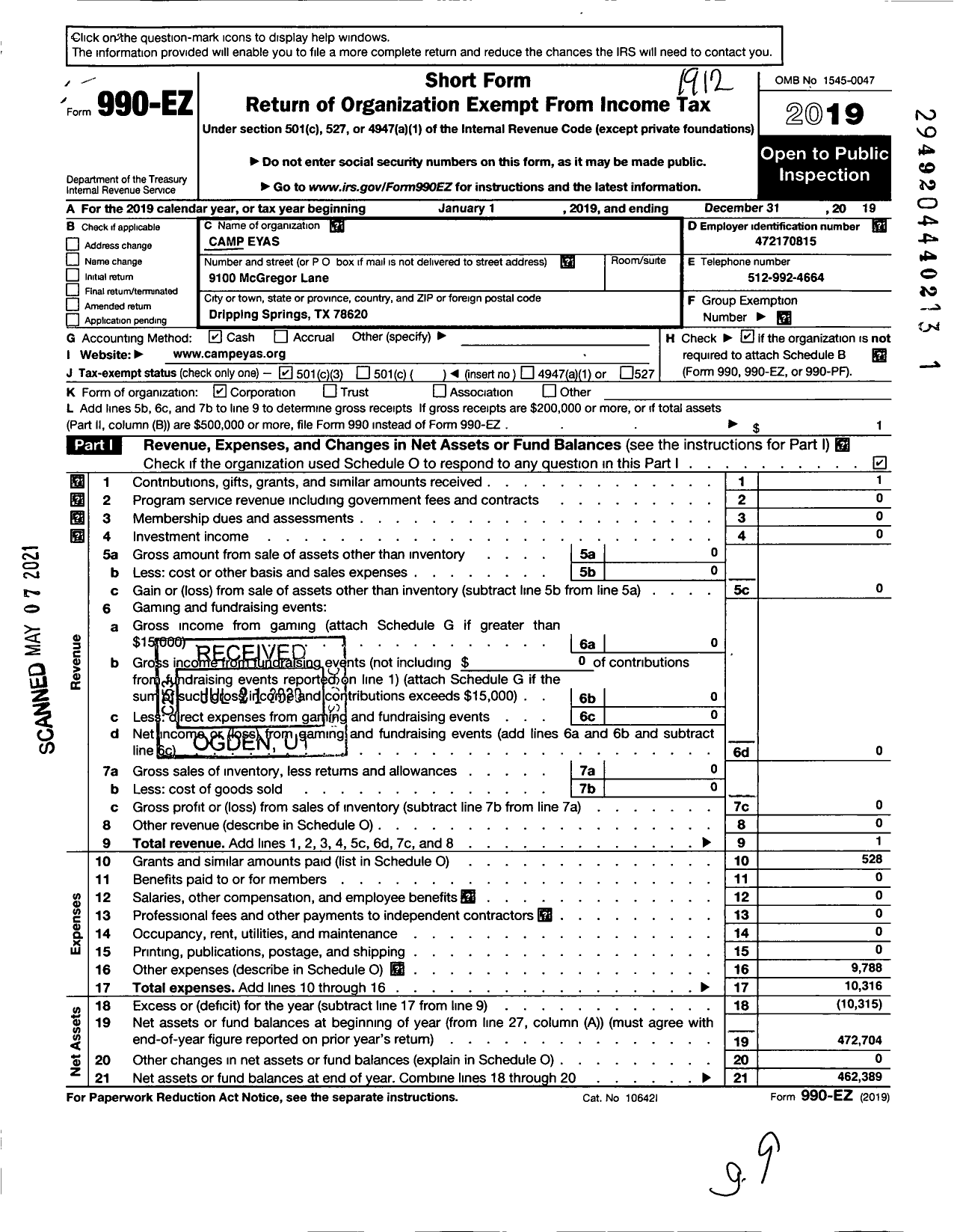 Image of first page of 2019 Form 990EZ for Camp Eyas