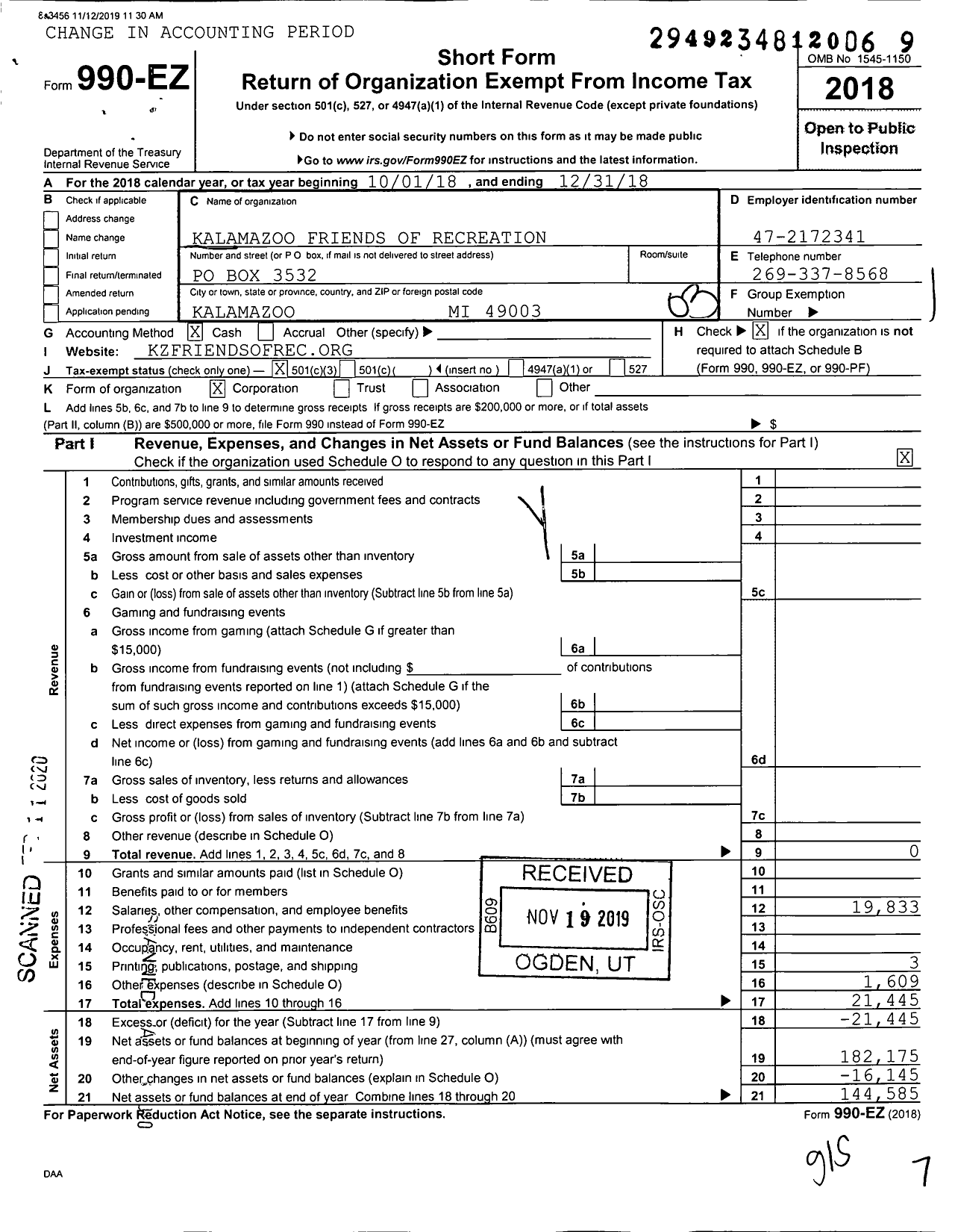 Image of first page of 2018 Form 990EZ for Kalamazoo Friends of Recreation