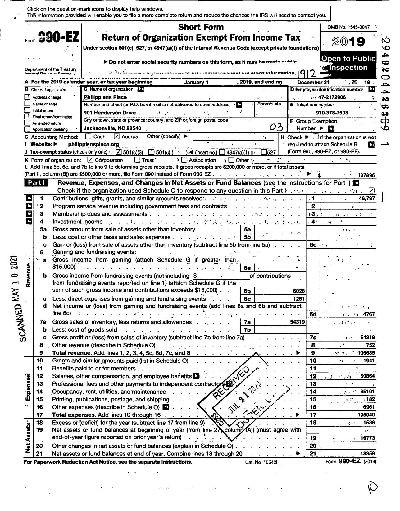 Image of first page of 2019 Form 990EZ for Philippians Place