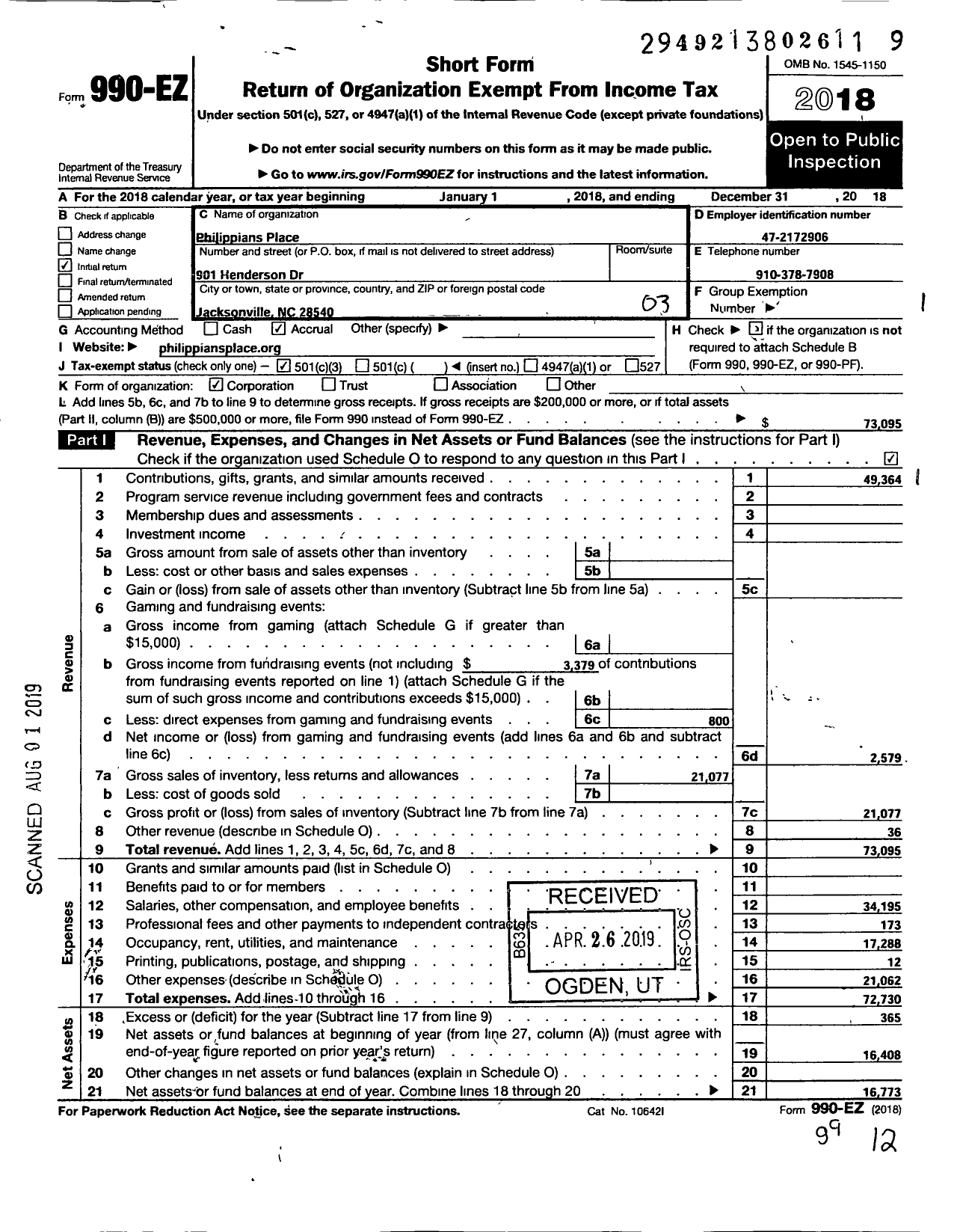 Image of first page of 2018 Form 990EZ for Philippians Place