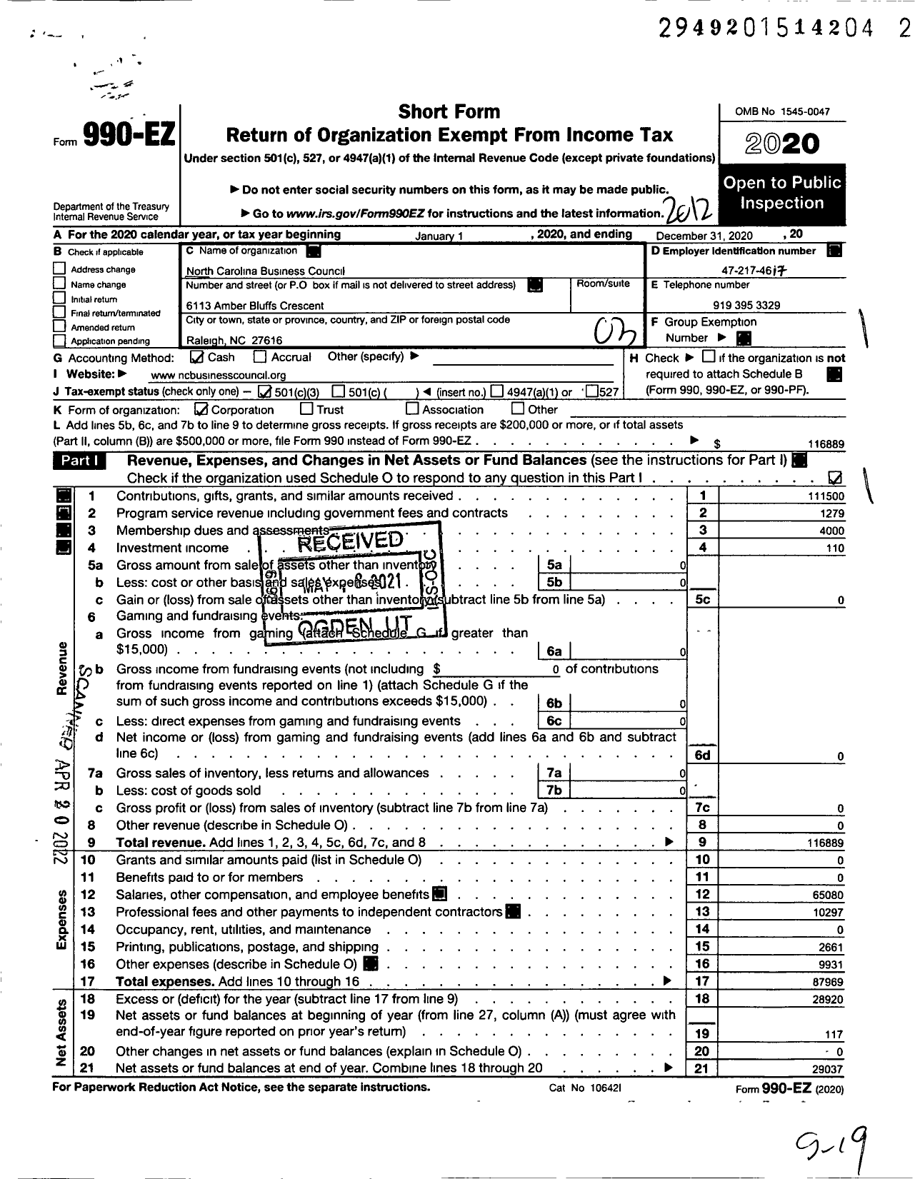 Image of first page of 2020 Form 990EZ for North Carolina Sustainable Business Council