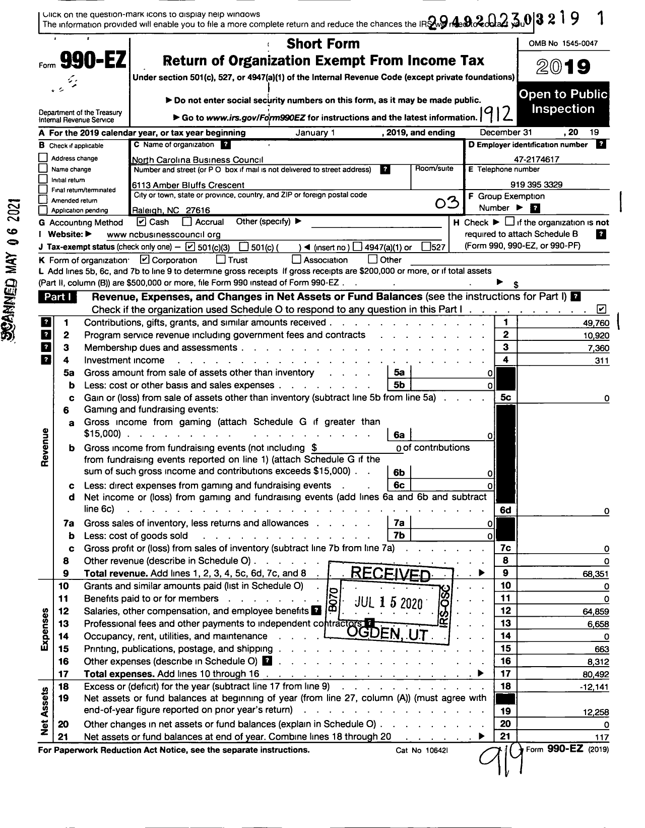 Image of first page of 2019 Form 990EZ for North Carolina Sustainable Business Council