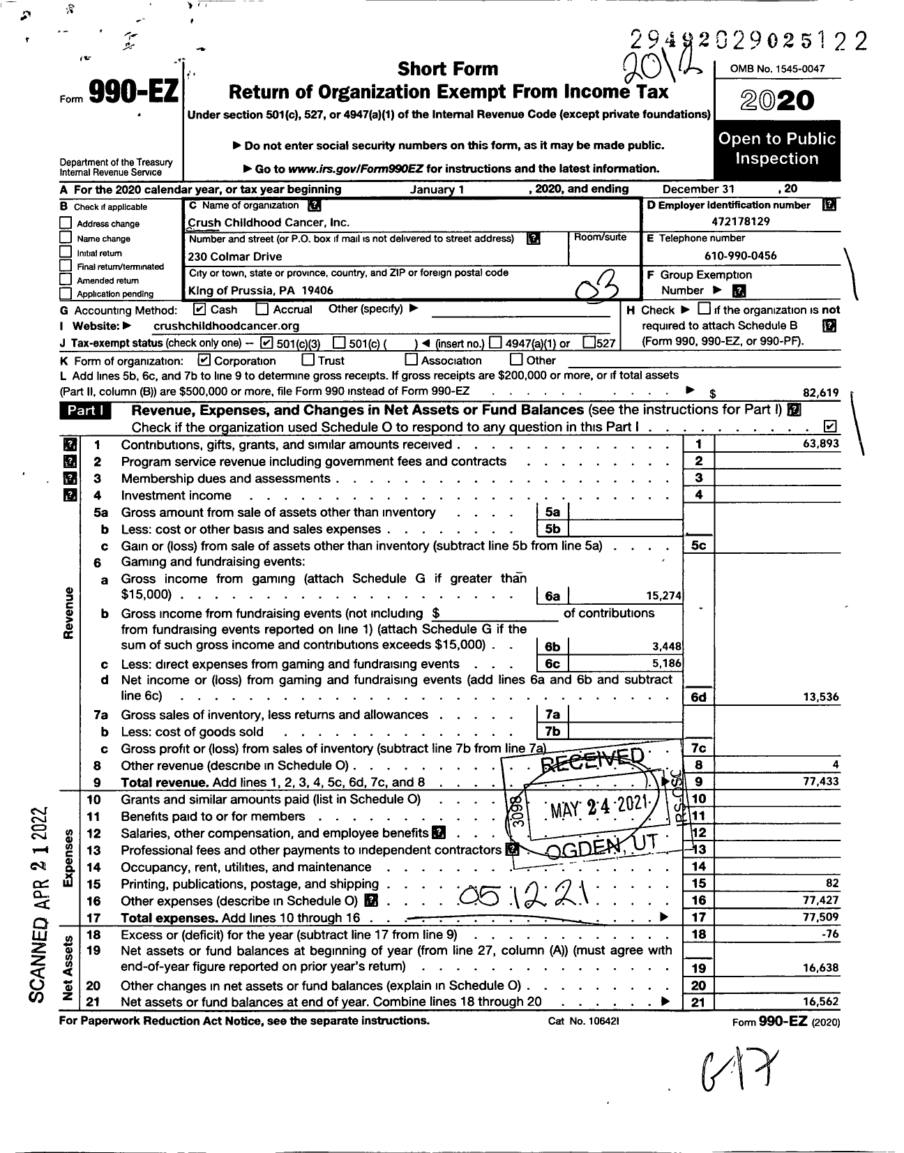 Image of first page of 2020 Form 990EZ for Crush Childhood Cancer