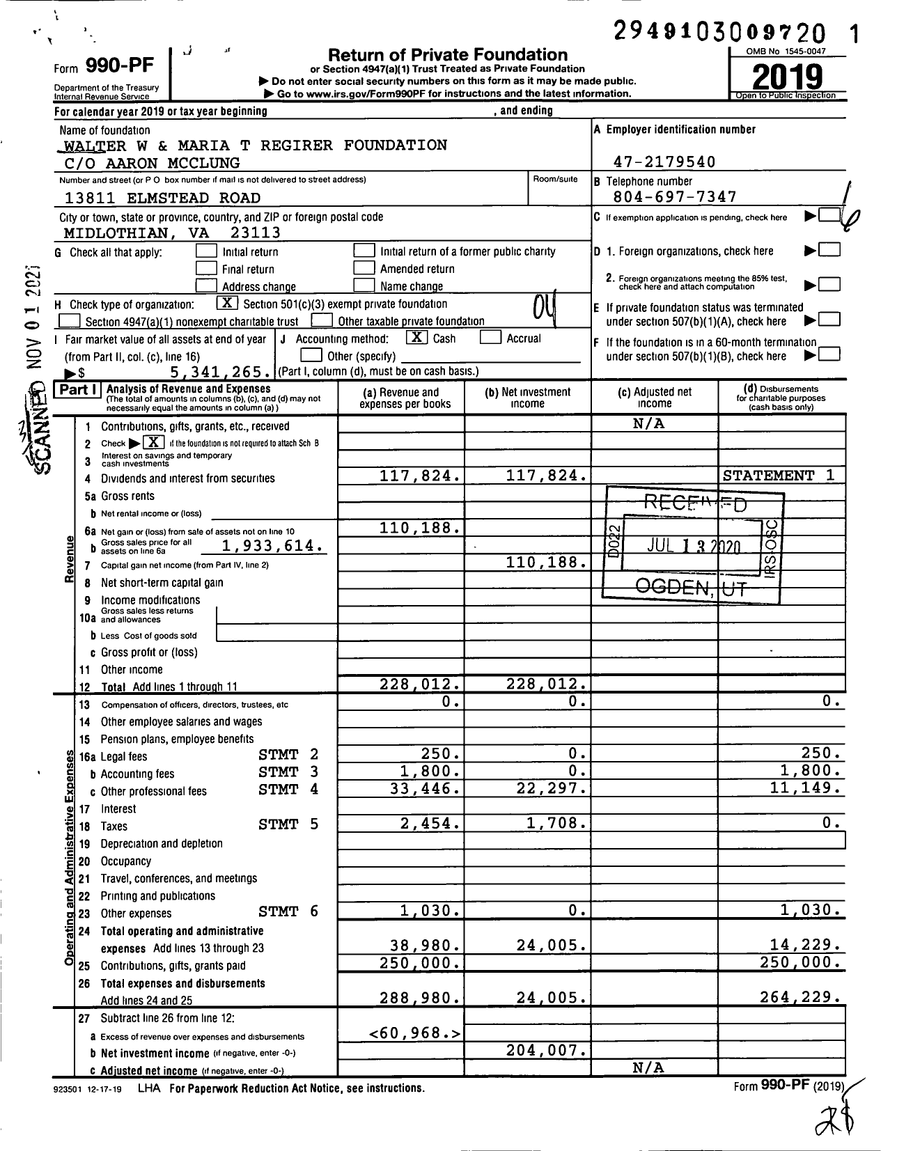 Image of first page of 2019 Form 990PF for Walter W and Maria T Regirer Foundation