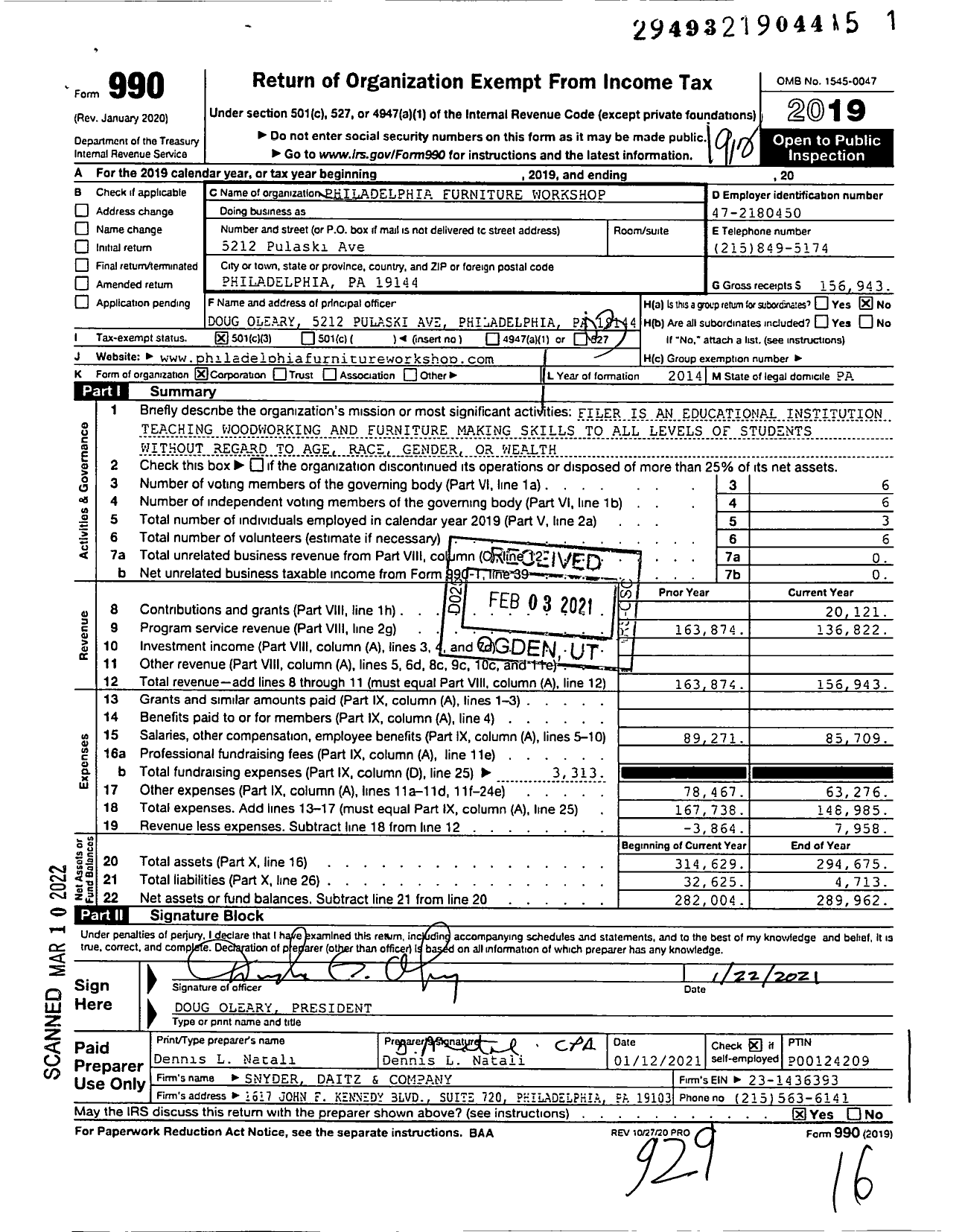 Image of first page of 2019 Form 990 for Philadelphia Furniture Workshop