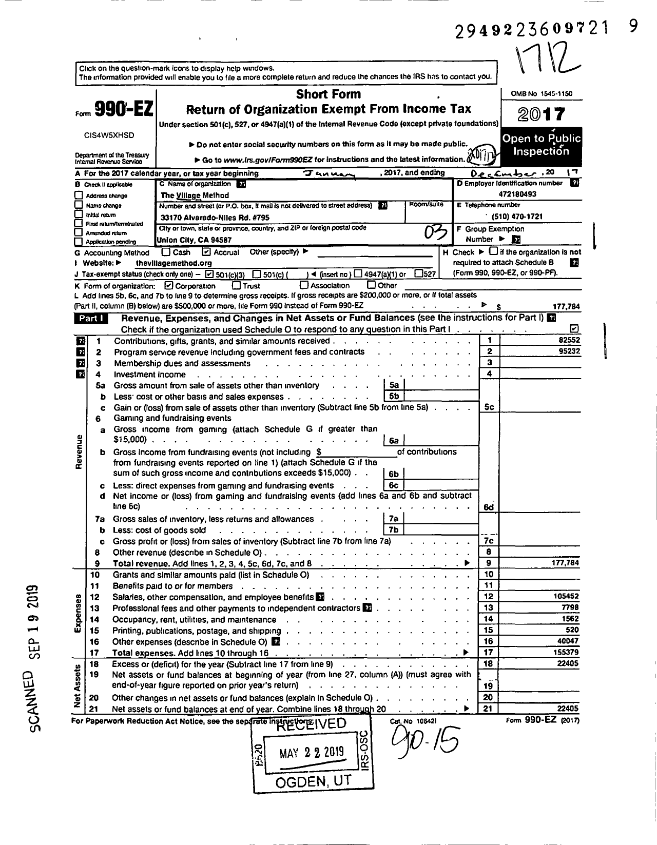 Image of first page of 2017 Form 990EZ for The Village Method