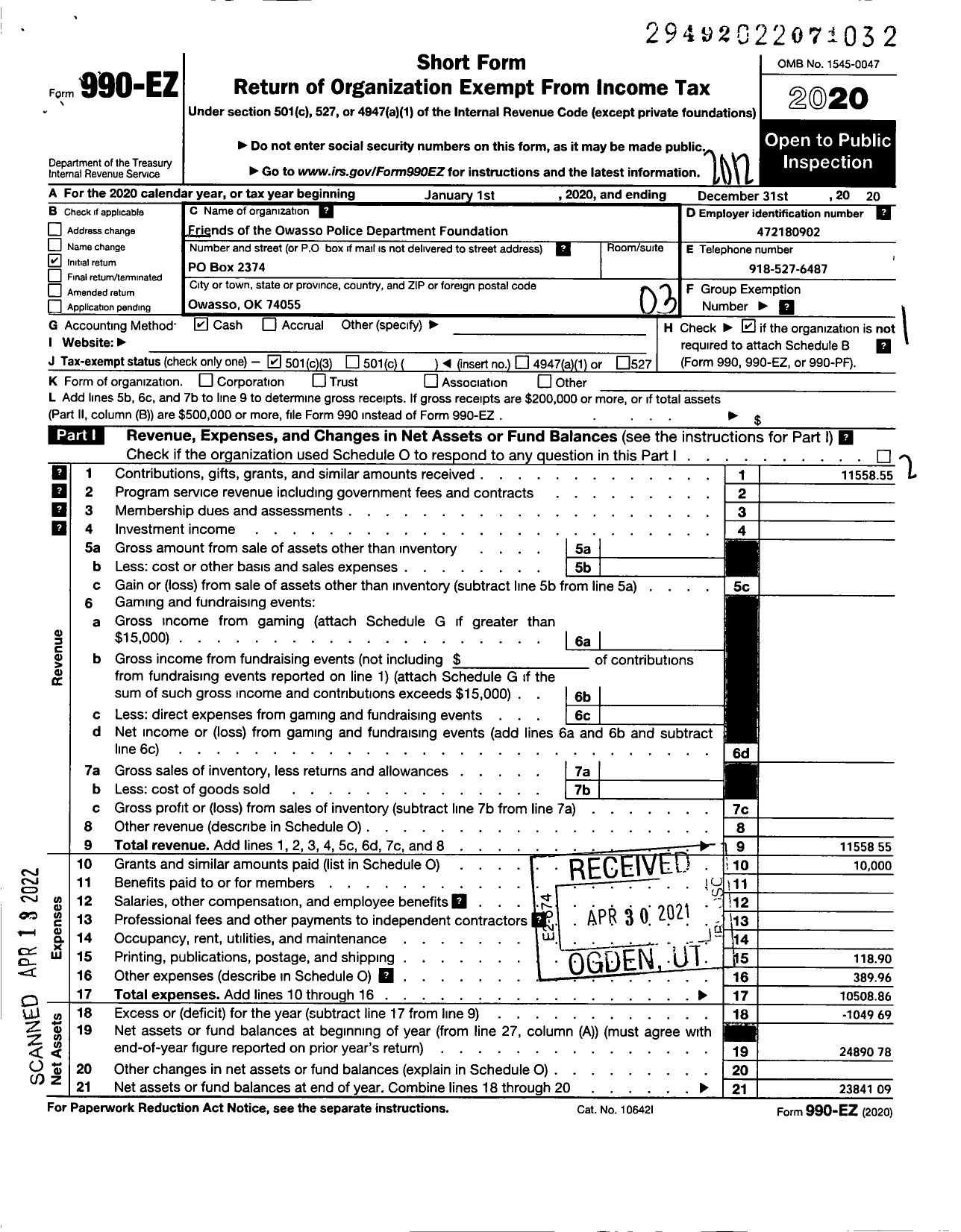 Image of first page of 2020 Form 990EZ for Friends of the Owasso Police Department