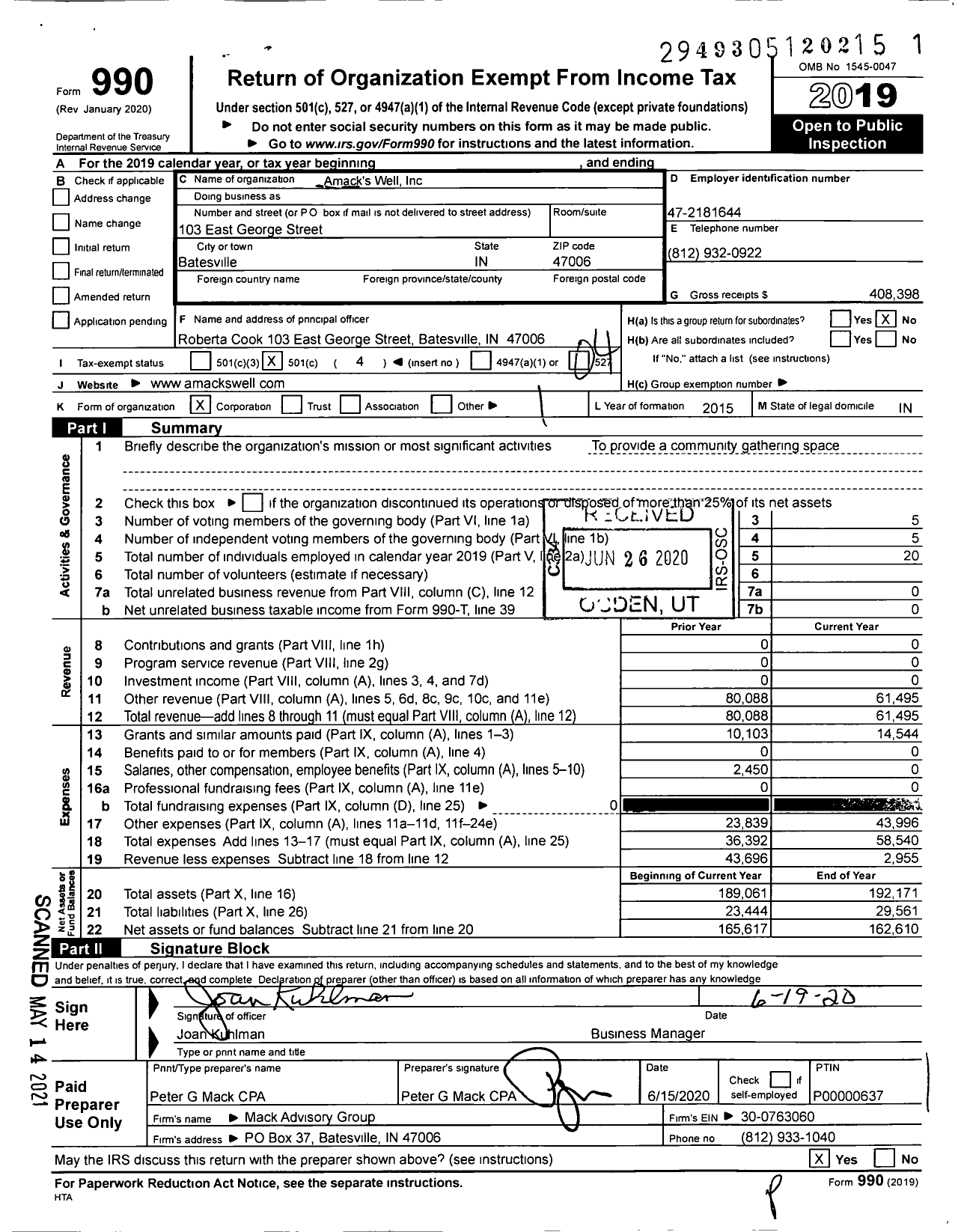 Image of first page of 2019 Form 990O for Amack's Well