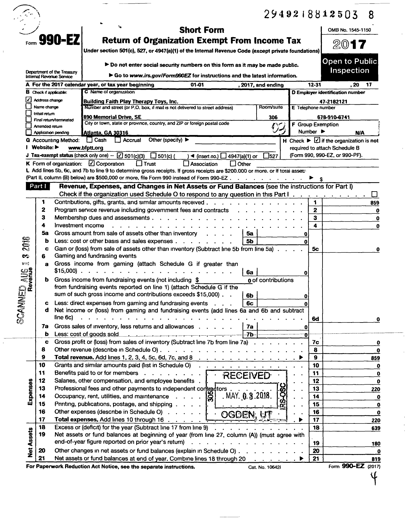 Image of first page of 2017 Form 990EZ for Building Faith Play Therapy Toys