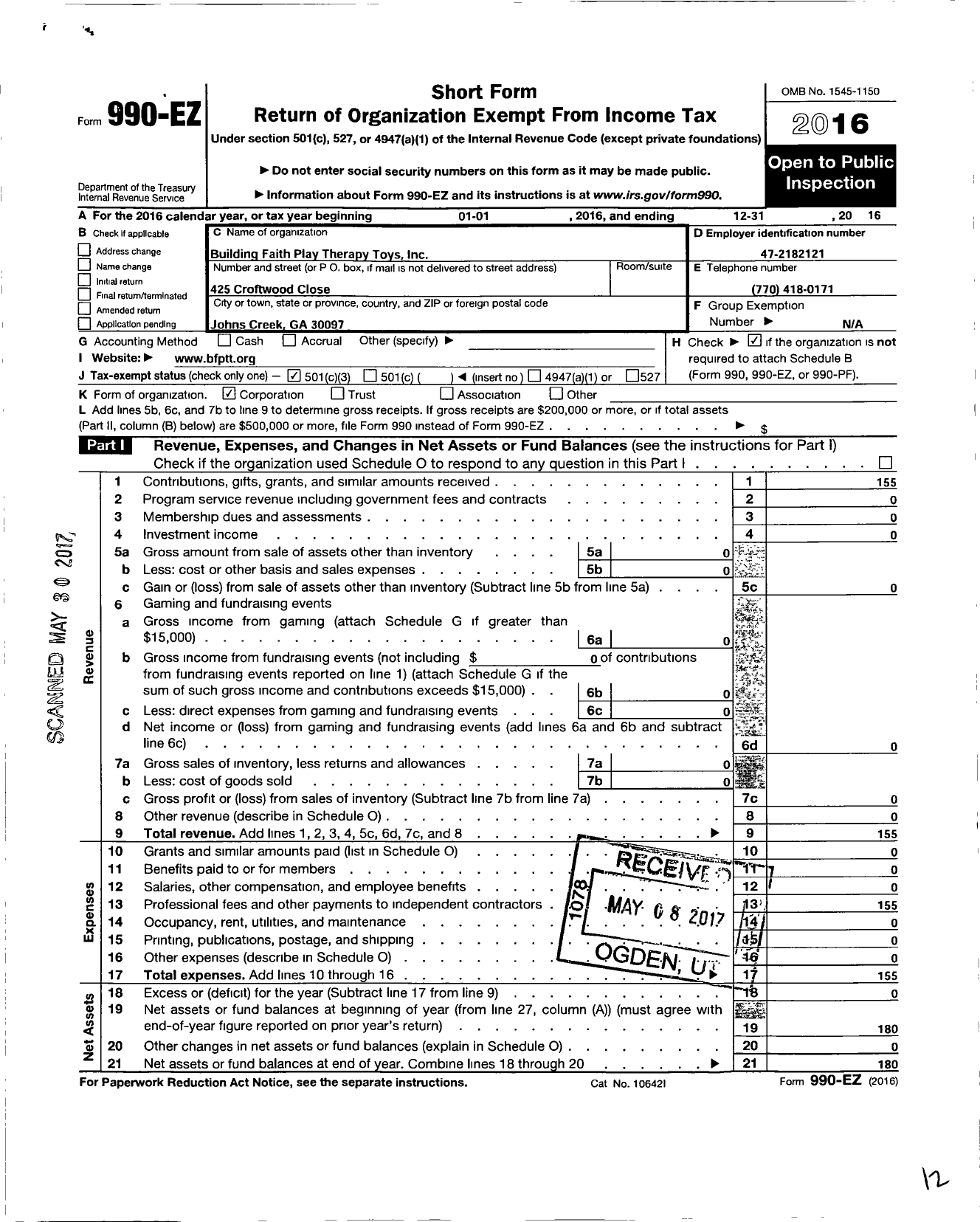 Image of first page of 2016 Form 990EZ for Building Faith Play Therapy Toys