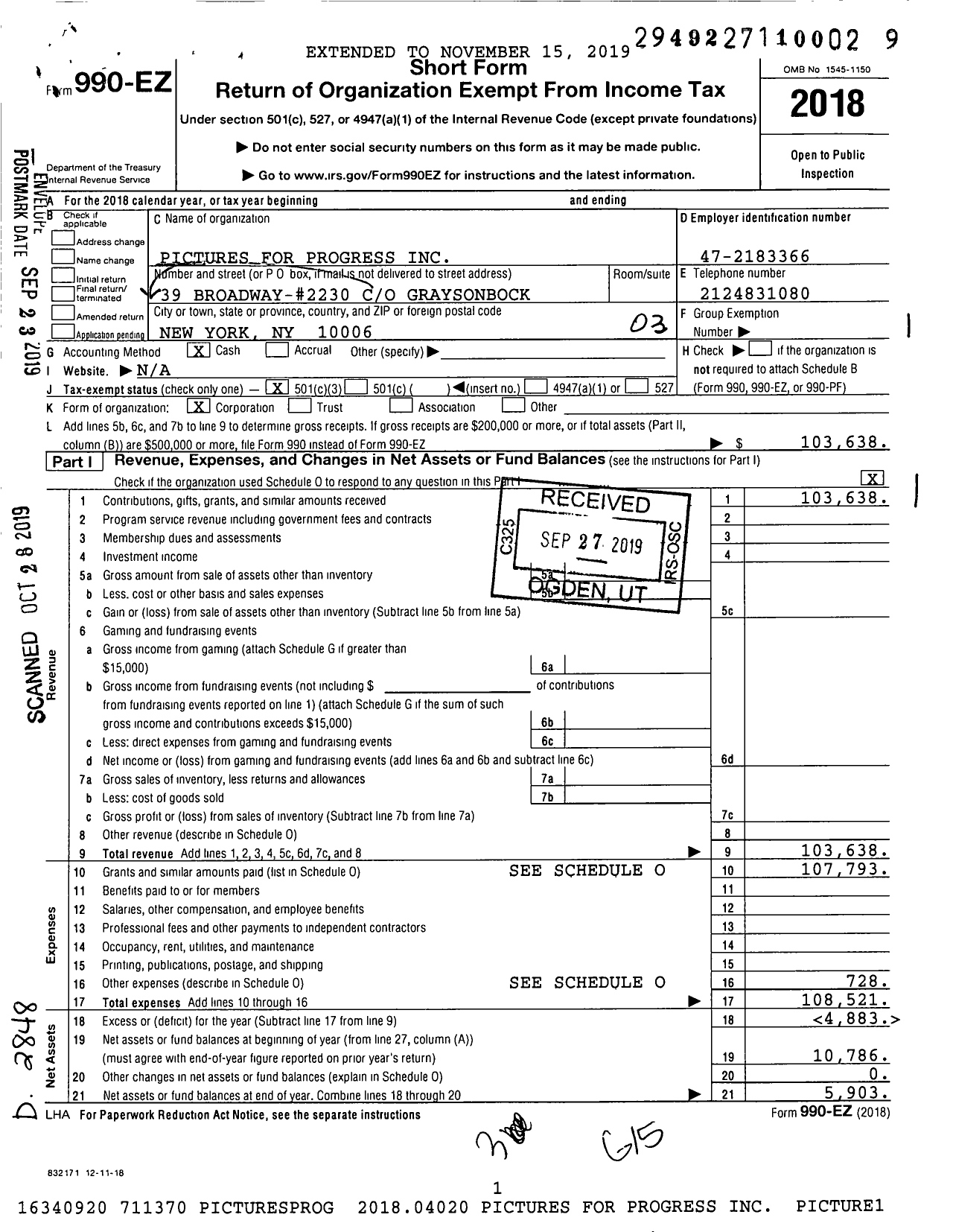 Image of first page of 2018 Form 990EZ for Pictures for Progress