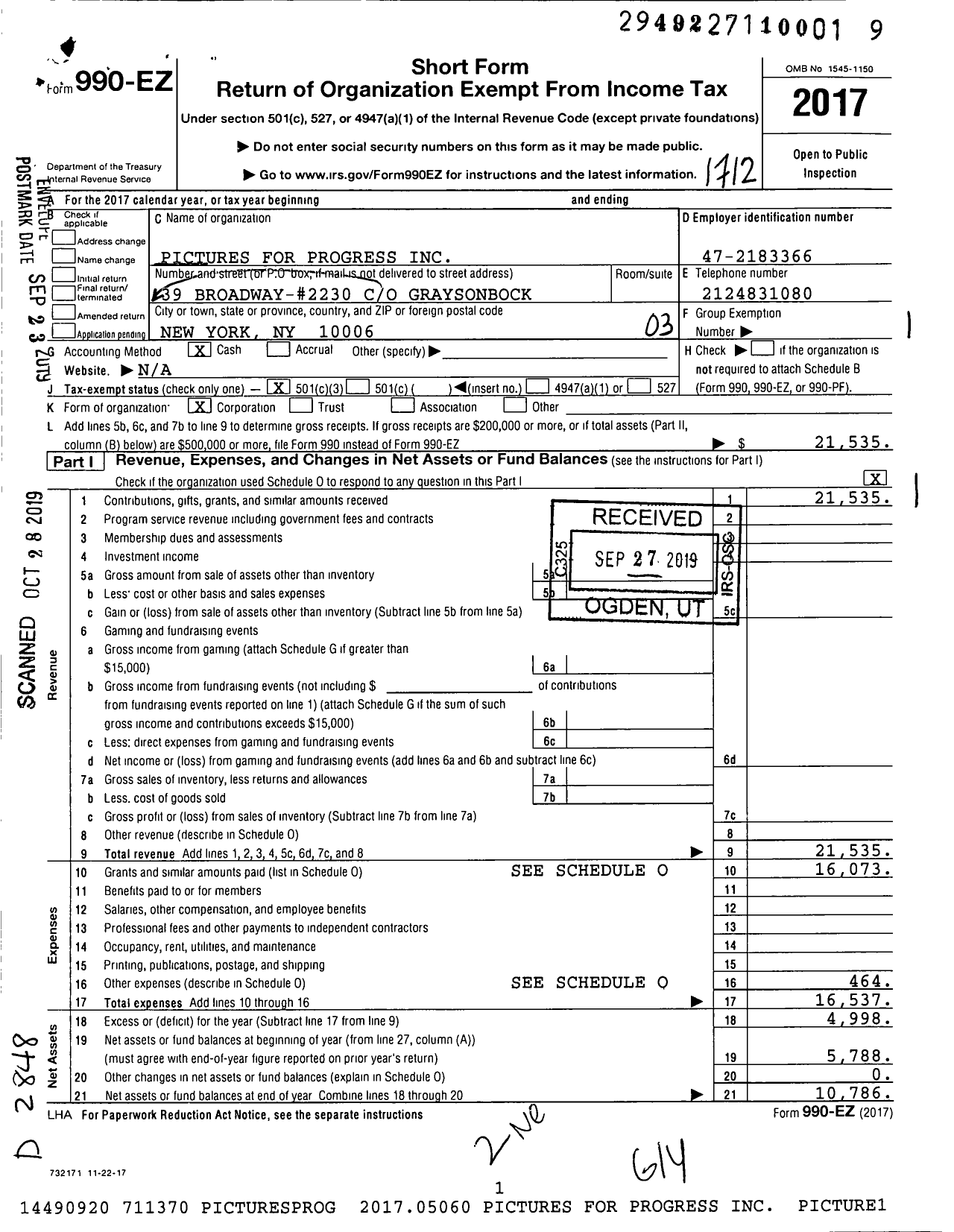 Image of first page of 2017 Form 990EZ for Pictures for Progress