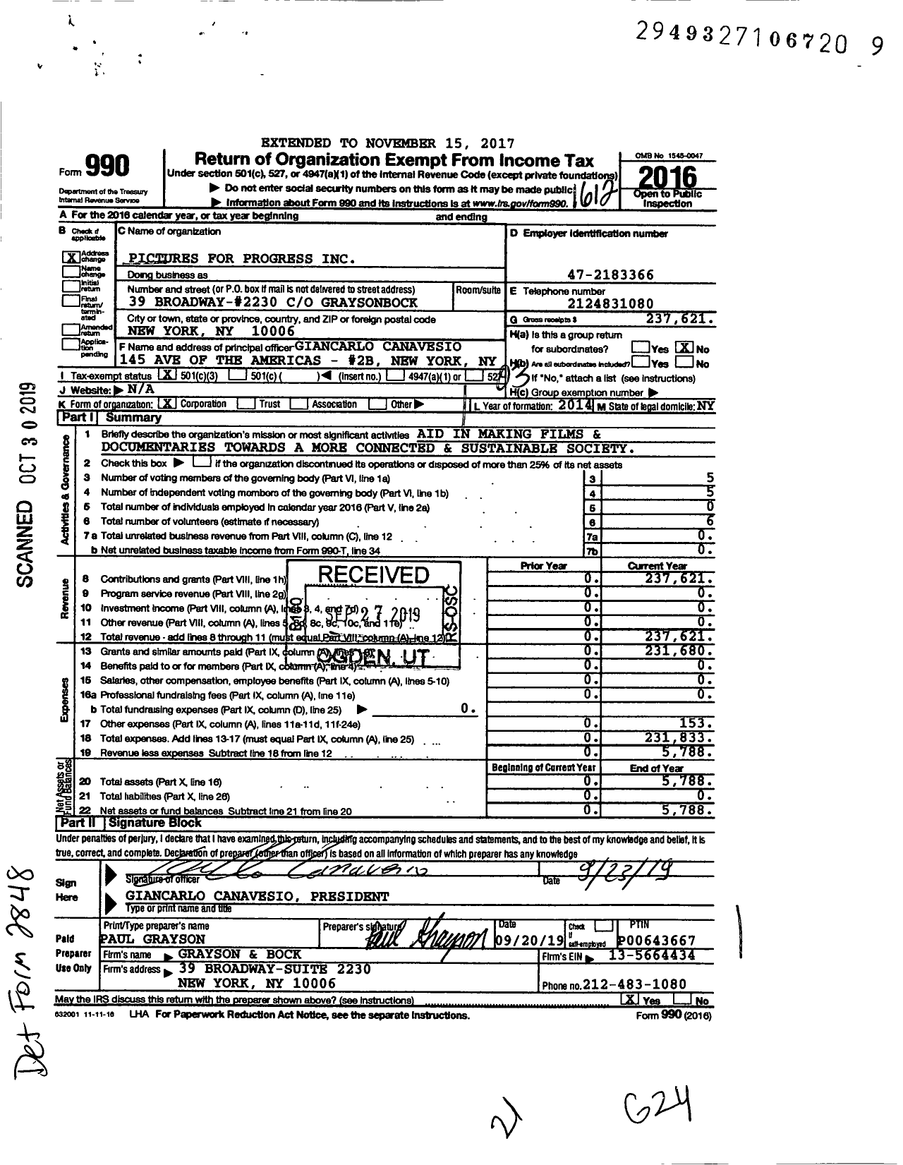 Image of first page of 2016 Form 990 for Pictures for Progress