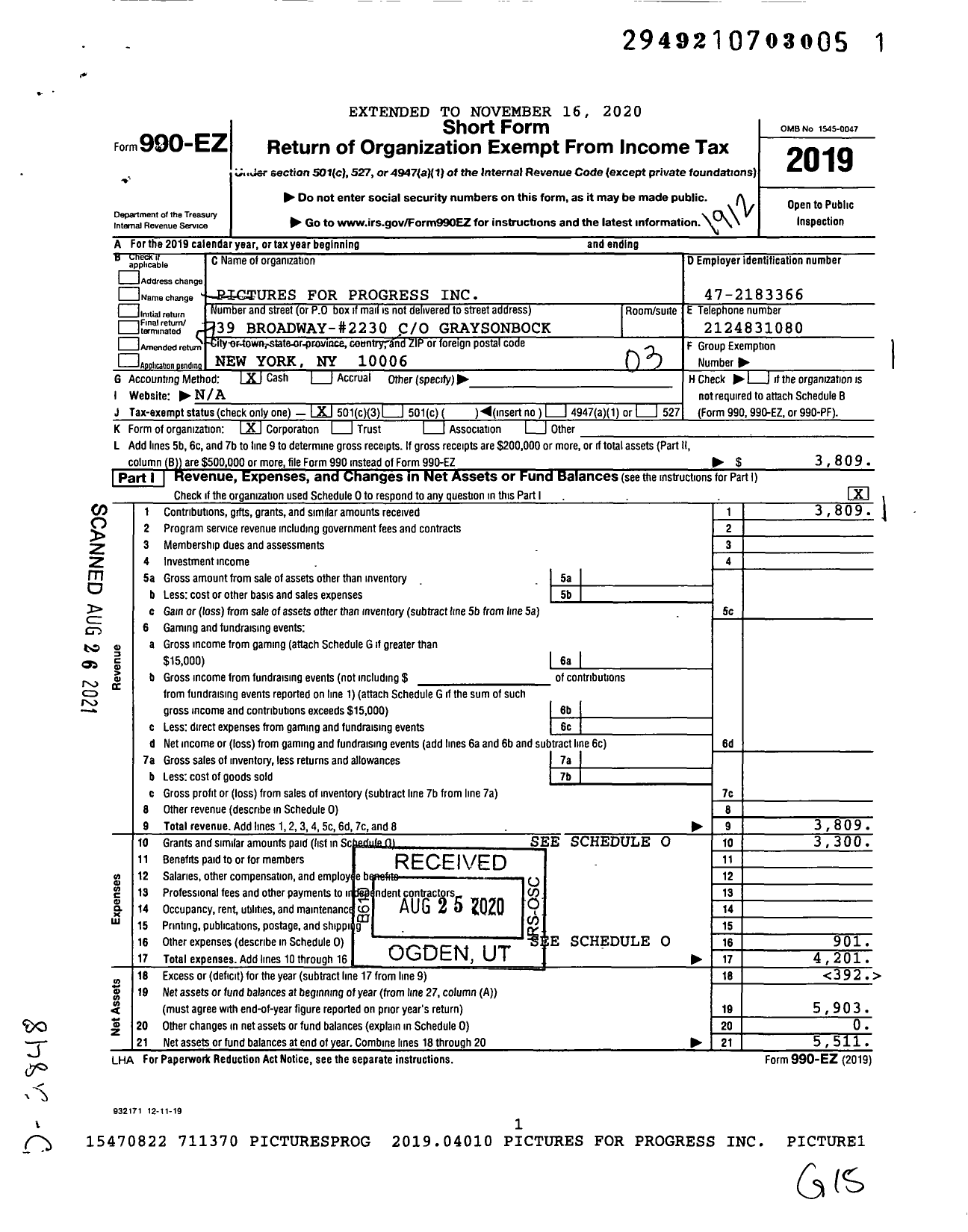 Image of first page of 2019 Form 990EZ for Pictures for Progress