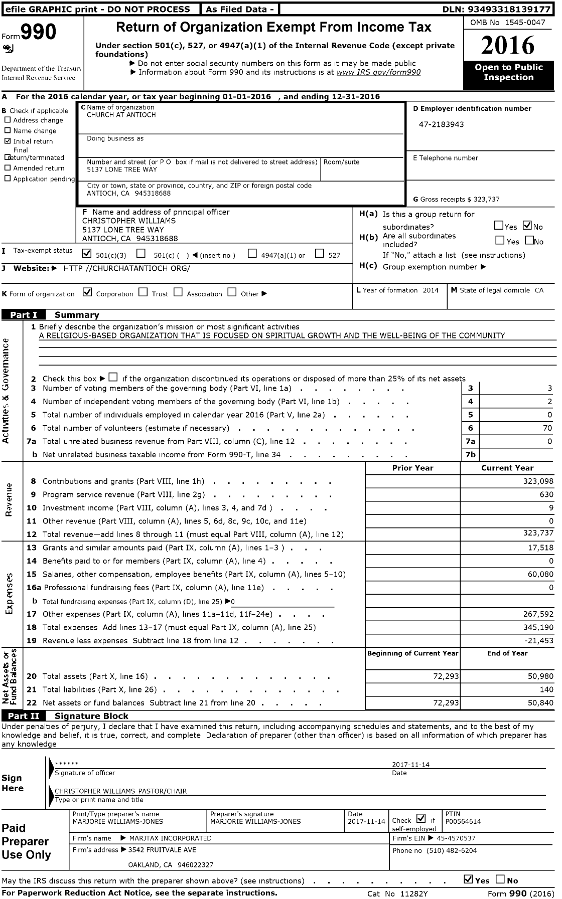 Image of first page of 2016 Form 990 for Church at Antioch