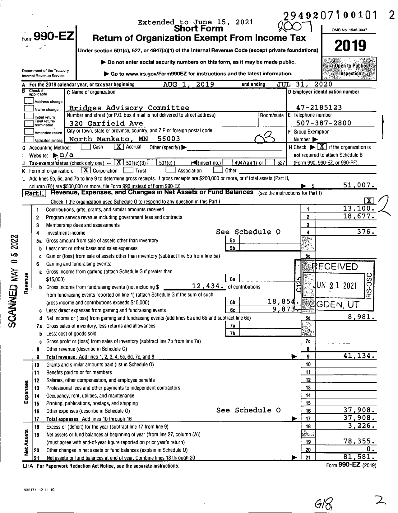 Image of first page of 2019 Form 990EZ for Bridges Advisory Committee